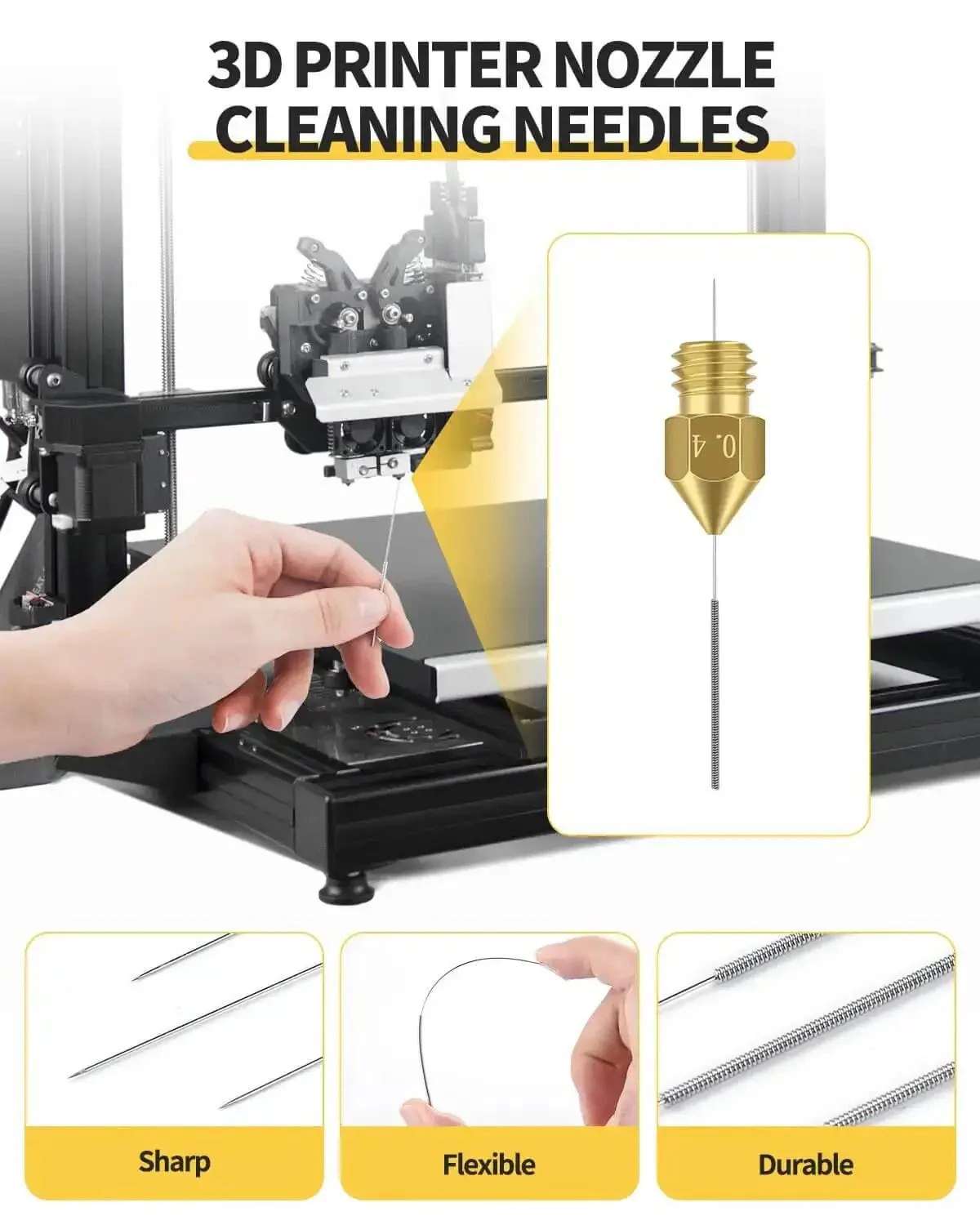 0.4mm Brass MK8 3D Printer Nozzle Set For Ender 3 V2 Ender 3 Ender 3S CR8 CR10 And More With 20 Nozzles And 54 Stainless Steel Cleaning Needles, Hassle Free Swap Extruder Replacement Kit For High Temp Printing - Image 5