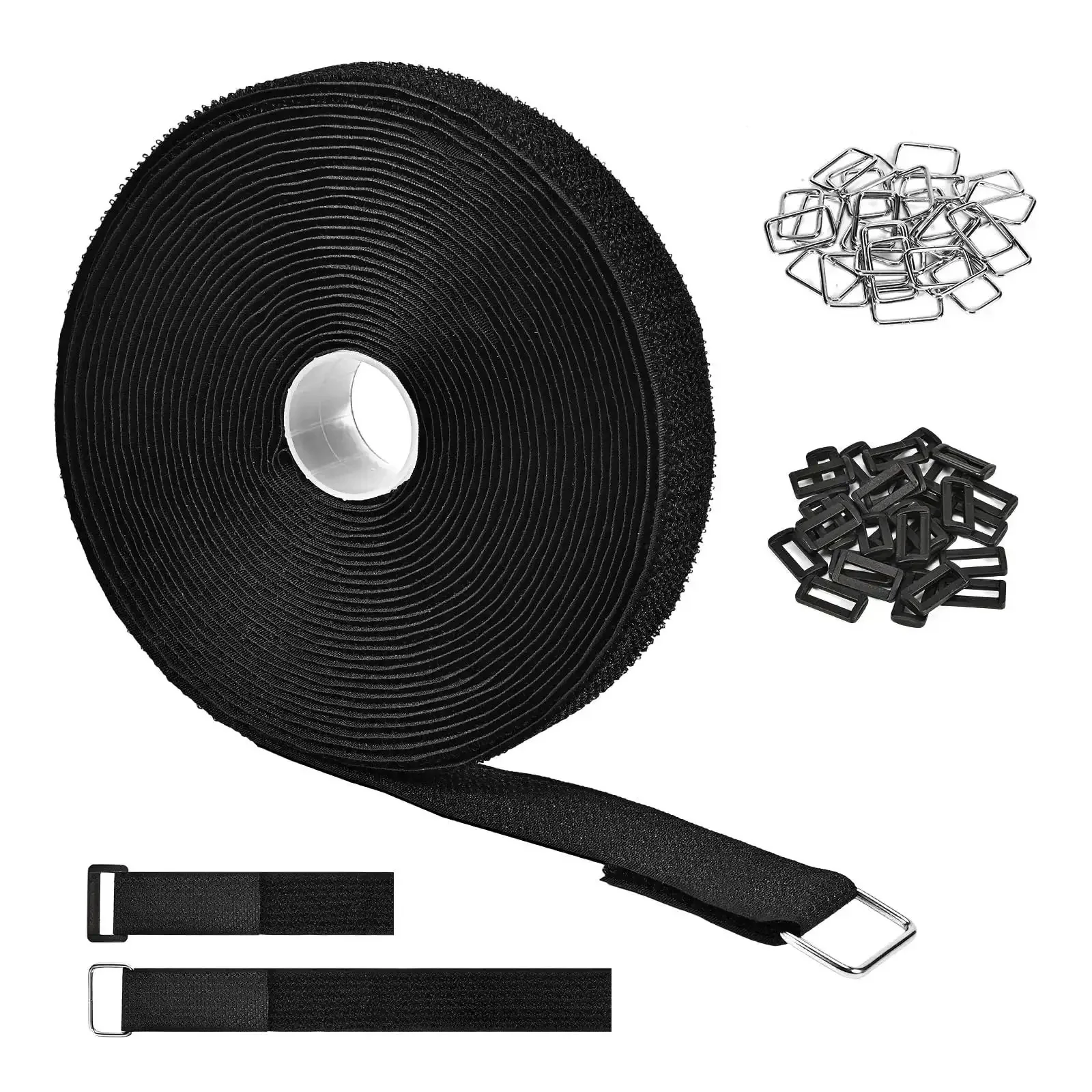 1 Inch By 39 Foot Nylon Hook And Loop Straps Roll With 60 Buckles 30 Metal And 30 Plastic Adjustable Reusable Cut To Length Ties For Home Office Garage Organization Black