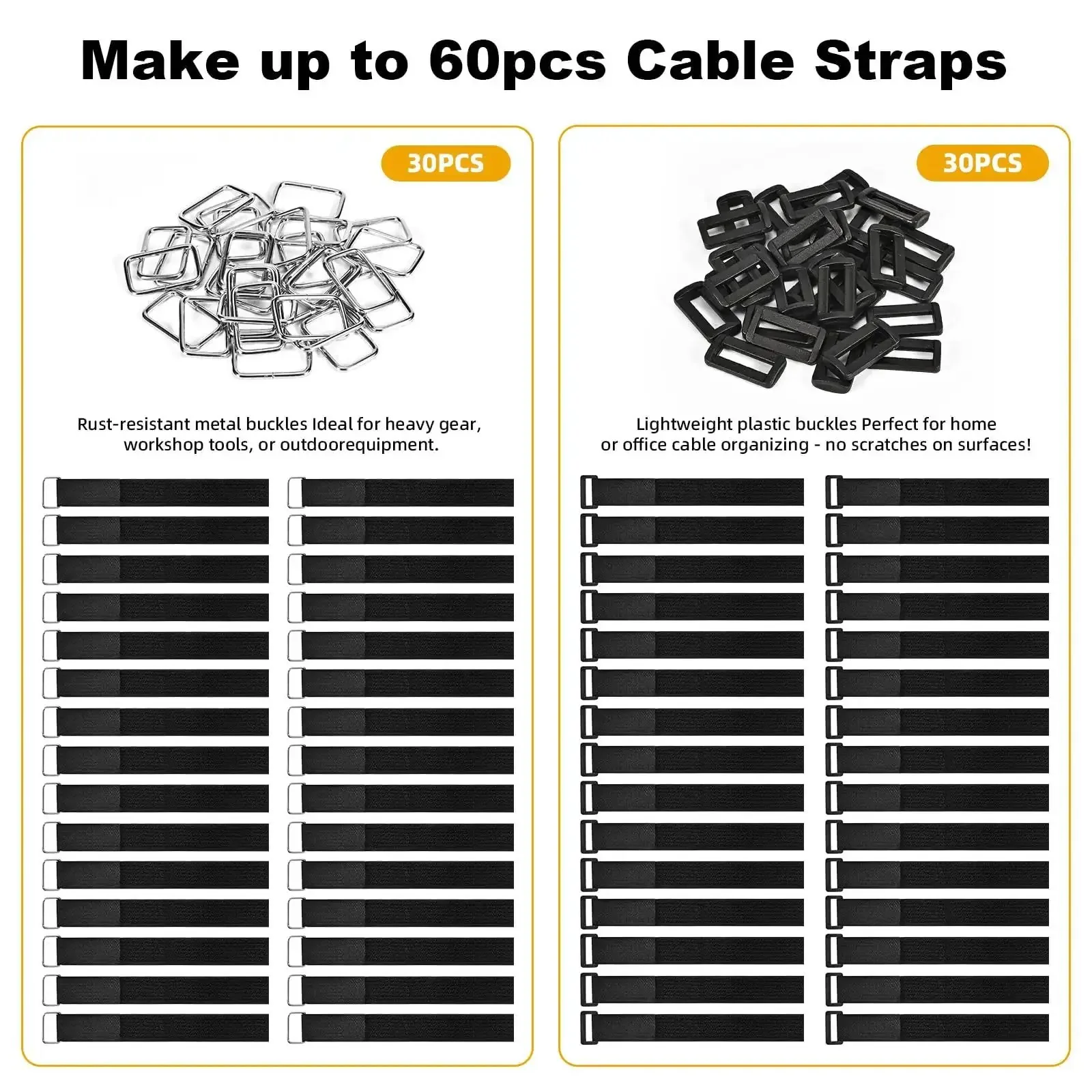 1 Inch By 39 Foot Nylon Hook And Loop Straps Roll With 60 Buckles 30 Metal And 30 Plastic Adjustable Reusable Cut To Length Ties For Home Office Garage Organization Black - Image 4