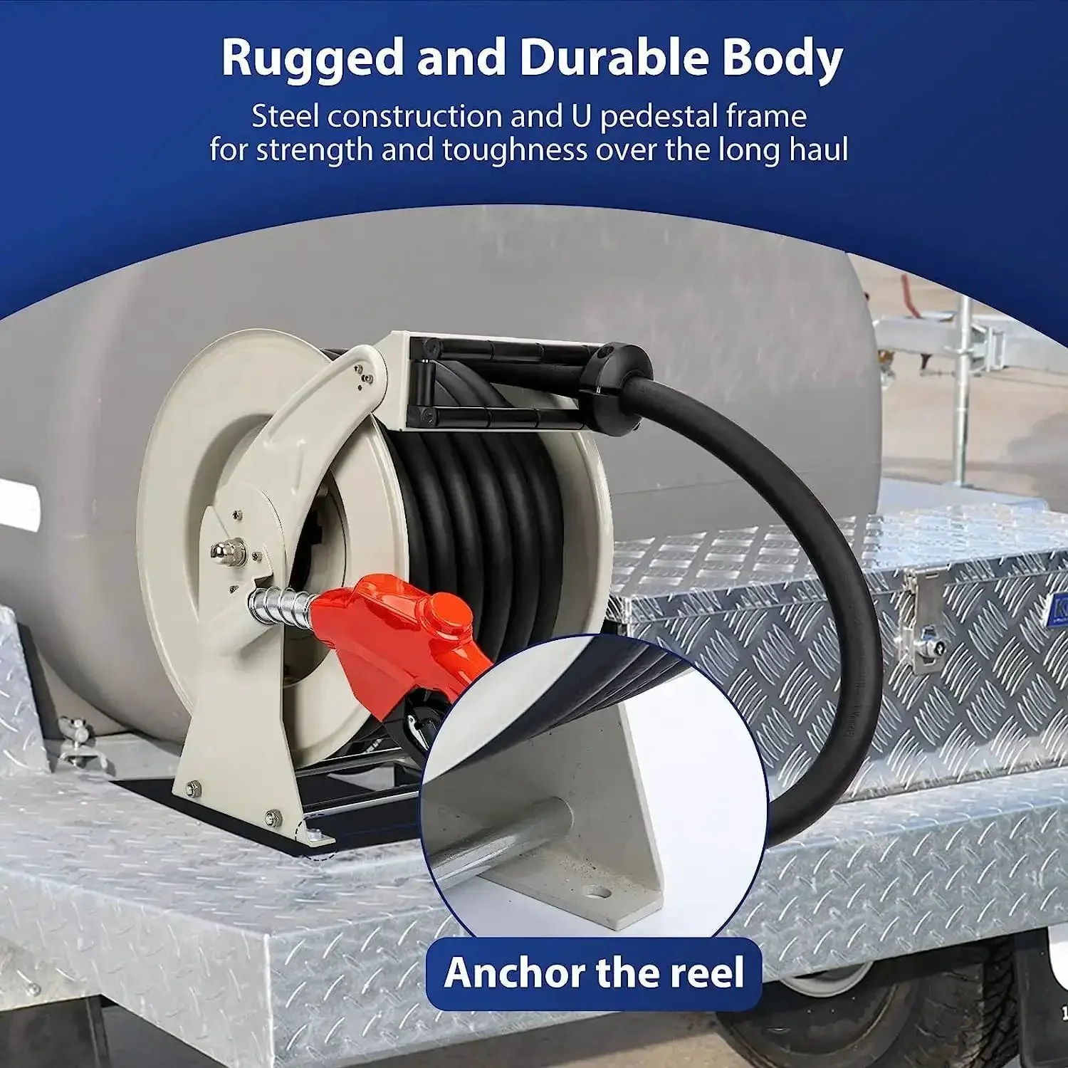 1 Inch By 50 Foot Fuel Hose Reel With Spring Driven Retractable Design, 300 PSI Diesel Hose Reel, Auto Swivel, Pro Grade Heavy Duty Steel Construction, Includes Fueling Nozzle For Aircraft Ship Vehicle Tank - Image 6