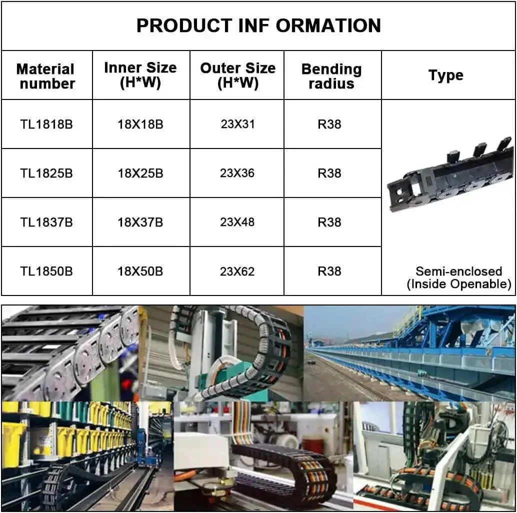 1 Meter Black Plastic Cable Drag Chain With R38 Bend Radius And 18x50mm Inner Size, Semi Enclosed One Side Open Wire Carrier For CNC Machines, Heavy Duty Cable Management For Smooth Motion - Image 3