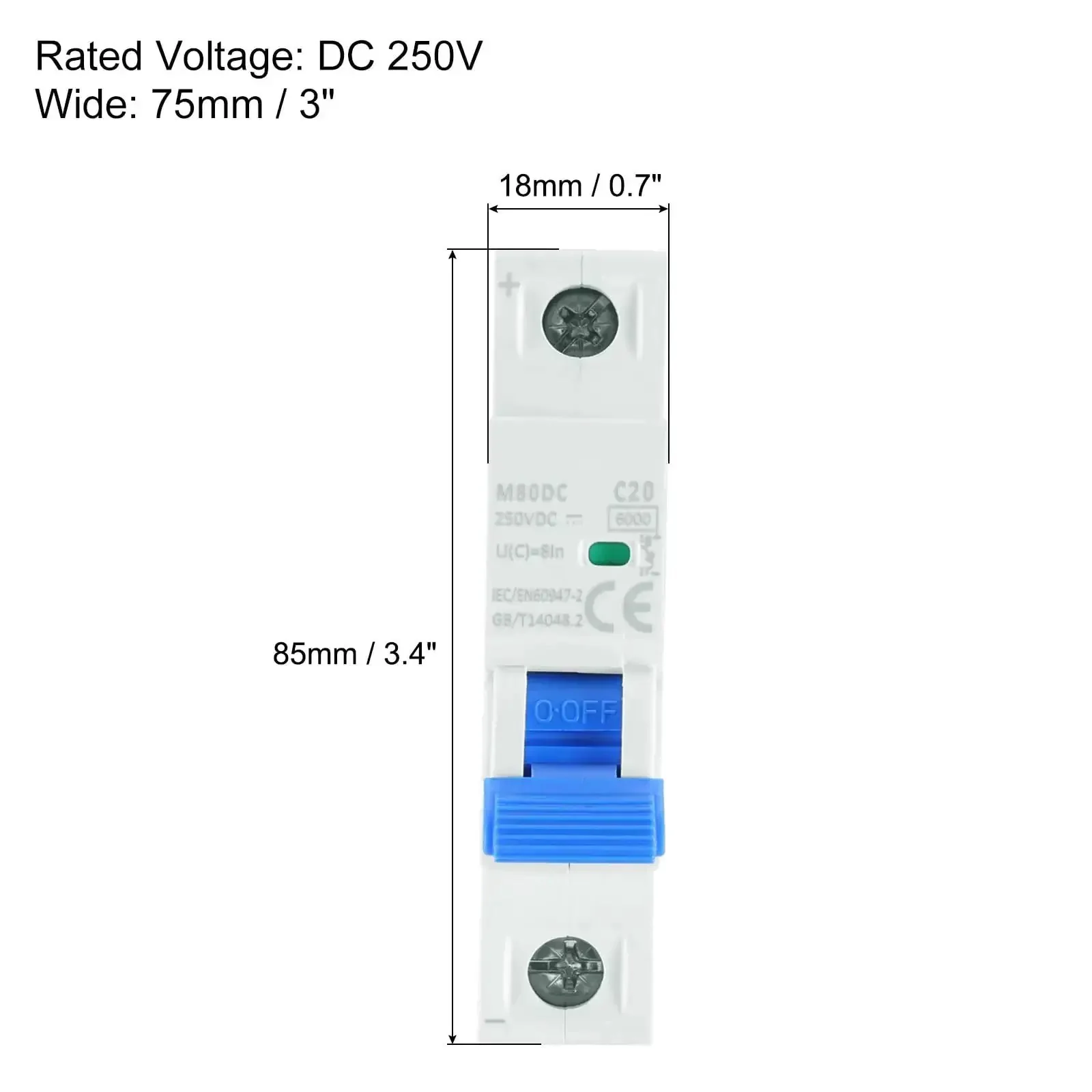 1 Pole Miniature Circuit Breaker 20A DC 250V DIN Rail Mount Disconnect Switch With Thermal Magnetic Trip For Short Circuit Protection, Overload Safeguard, Ideal For Residential And Commercial Panels Blue - Image 7