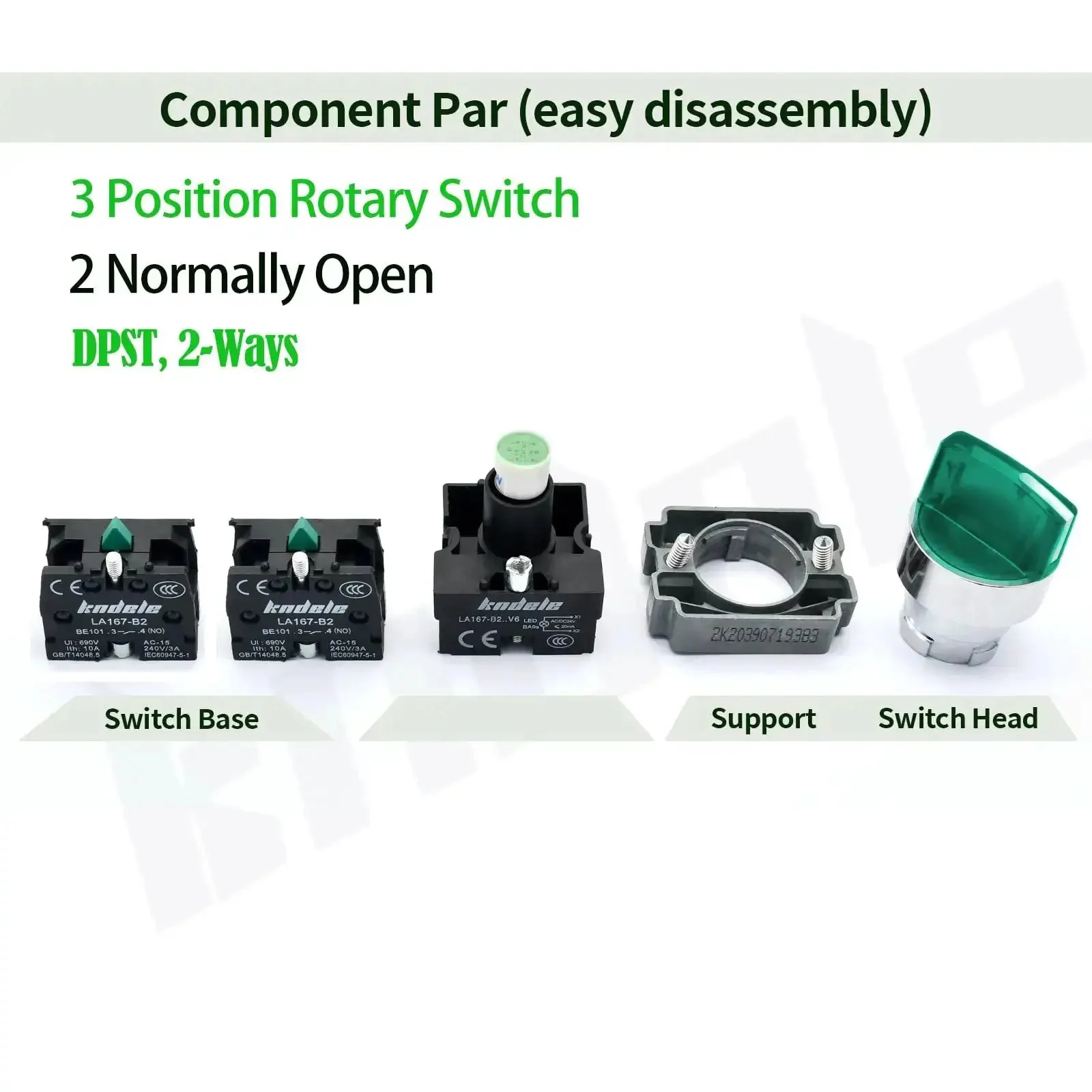 10 Amp 3 Position Rotary Switch With Green LED Light, 22mm Mounting Hole, IP65 Waterproof, Maintained DPST 2NO 600V AC, Metal Head Panel Mount Switch For Industrial Equipment And Control Panels - Image 3