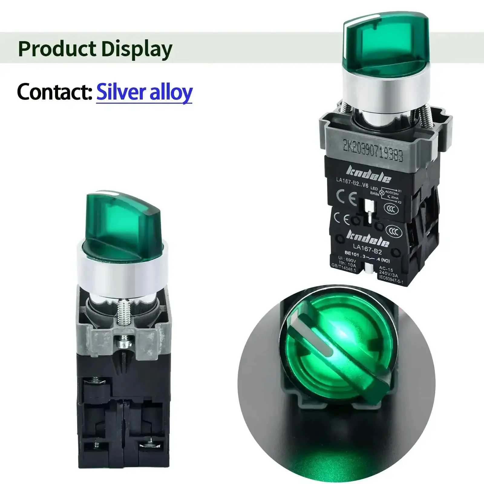 10 Amp 3 Position Rotary Switch With Green LED Light, 22mm Mounting Hole, IP65 Waterproof, Maintained DPST 2NO 600V AC, Metal Head Panel Mount Switch For Industrial Equipment And Control Panels - Image 5