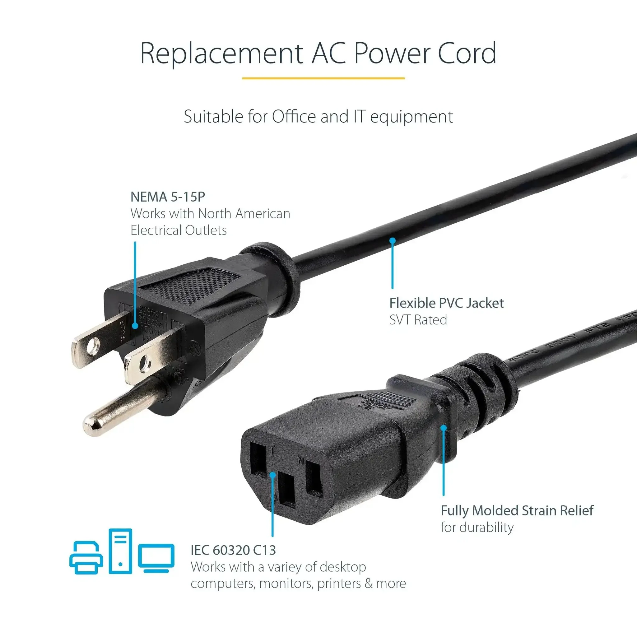 10 Ft Computer Power Cord NEMA 5-15P To C13 For Home Office Desktop Setup Printers PC Monitors 18 AWG 125V 10A Black Replacement Cable UL Listed Durable Fully Molded Strain Relief - Image 6