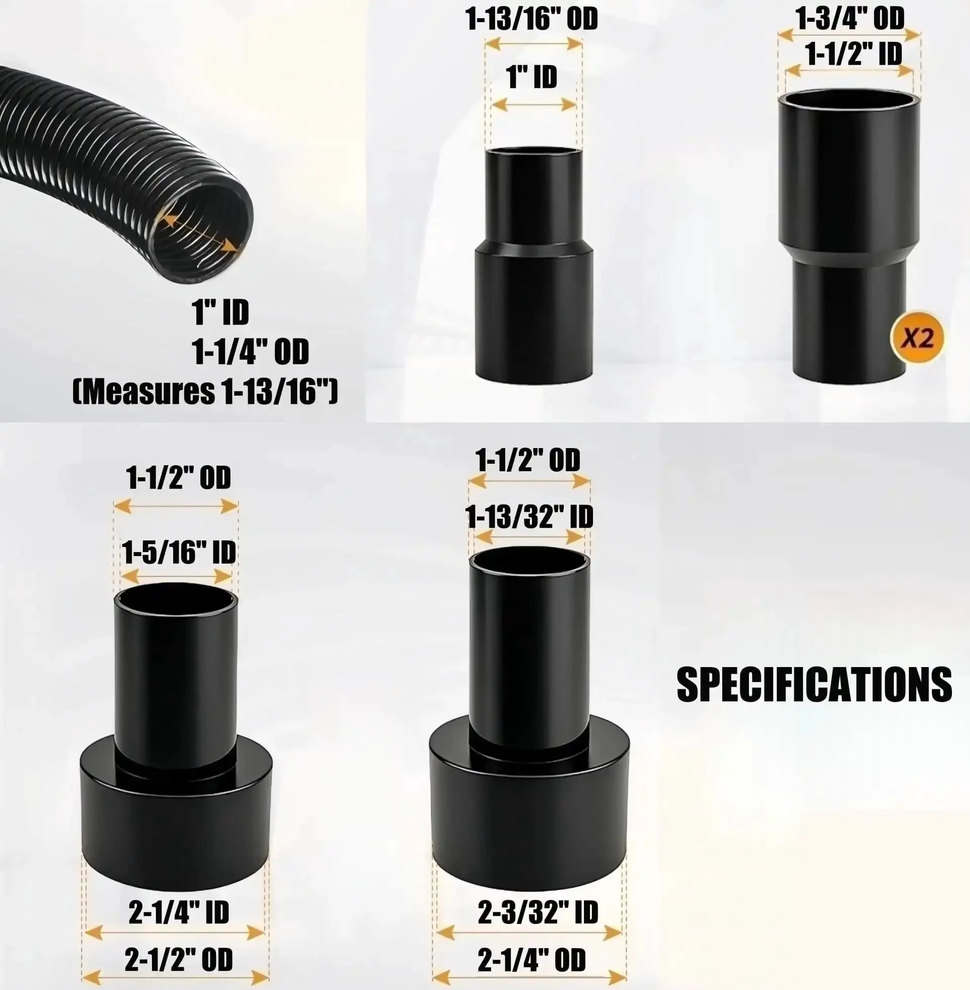 10 Ft Dust Collection Hose Kit With Five Fittings For Woodworking Tools Home Use And Wet Dry Shop Vacuums Includes 1 3/16 In OD Hose 1 In ID 1 1/2 In Fittings And 2 1/4 In And 2 1/2 In ABS Reducers - Image 5