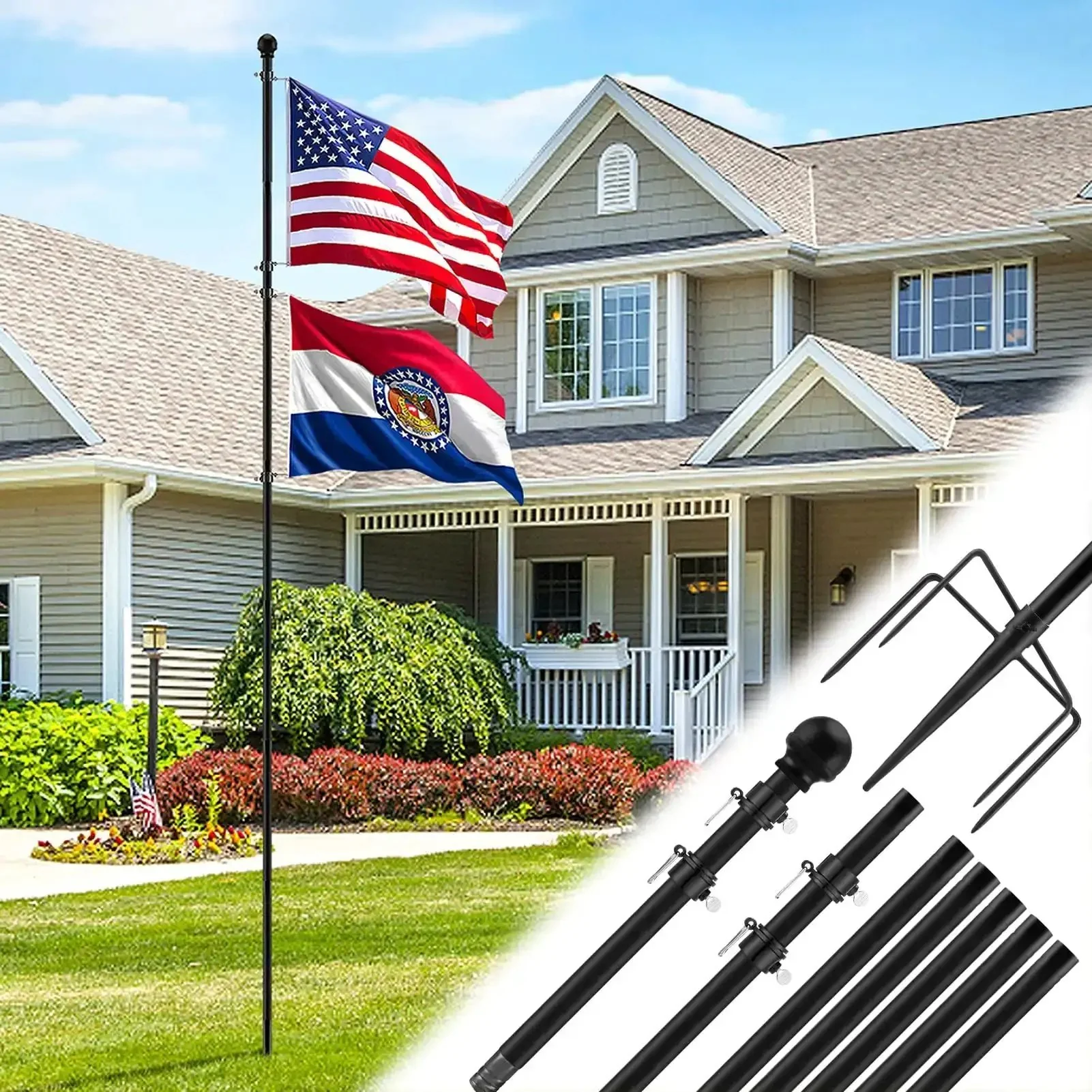 10 Ft In Ground Flag Poles Kit For Double Flag Display With Sturdy 5 Prong Base Windproof Ground Flag Poles For Residential Lawn Or Yard Great For Home Flag Showcases Events And Temporary Outdoor Displays