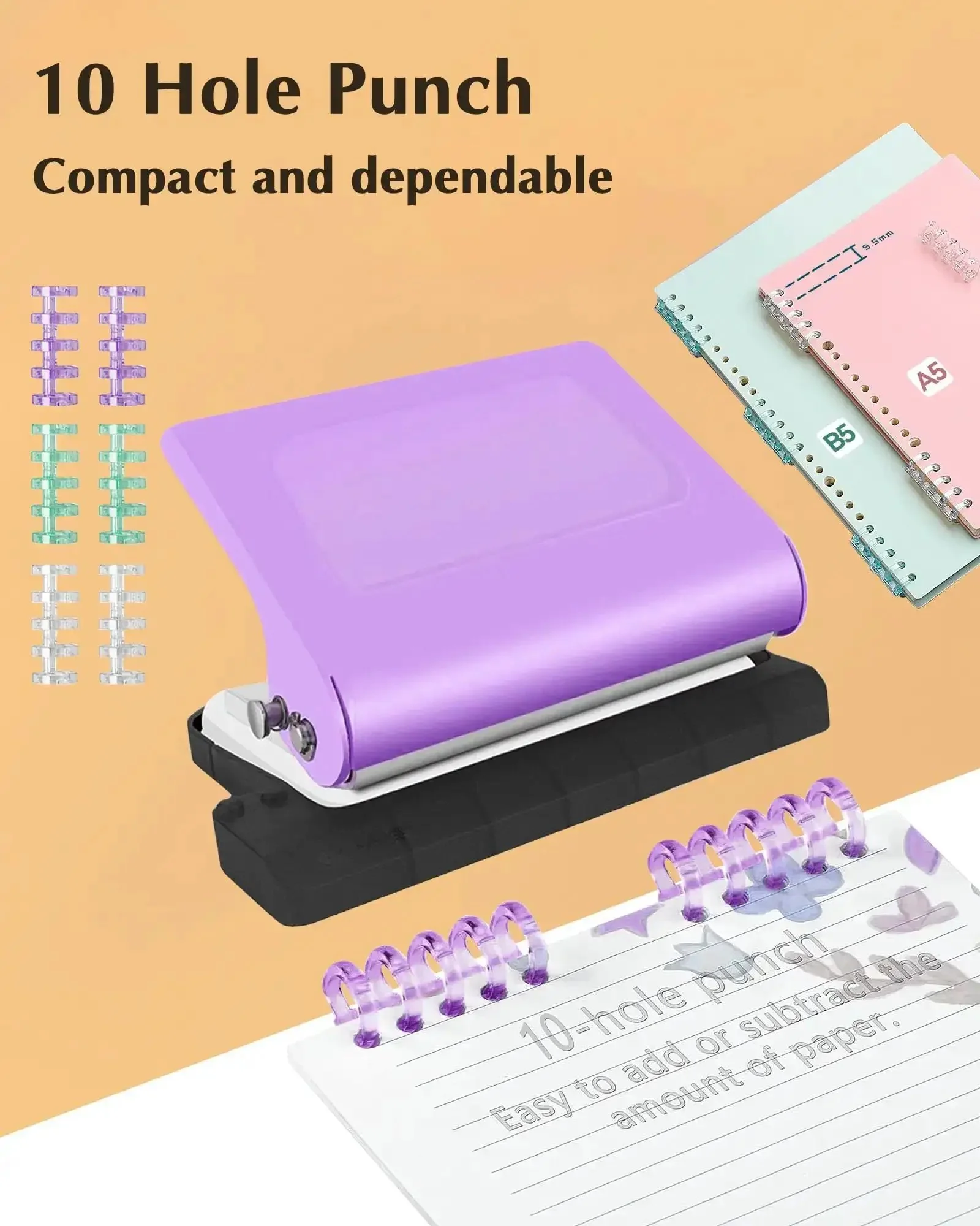 10 Hole Binding Punch For Planners, Metal Manual Puncher For Home Office, Punches Up To 10 Sheets, Works With A4 A5 B5 Paper, Precise 9.5mm Hole Spacing, 5.5mm Hole, Ideal For Binder Rings, Purple - Image 2