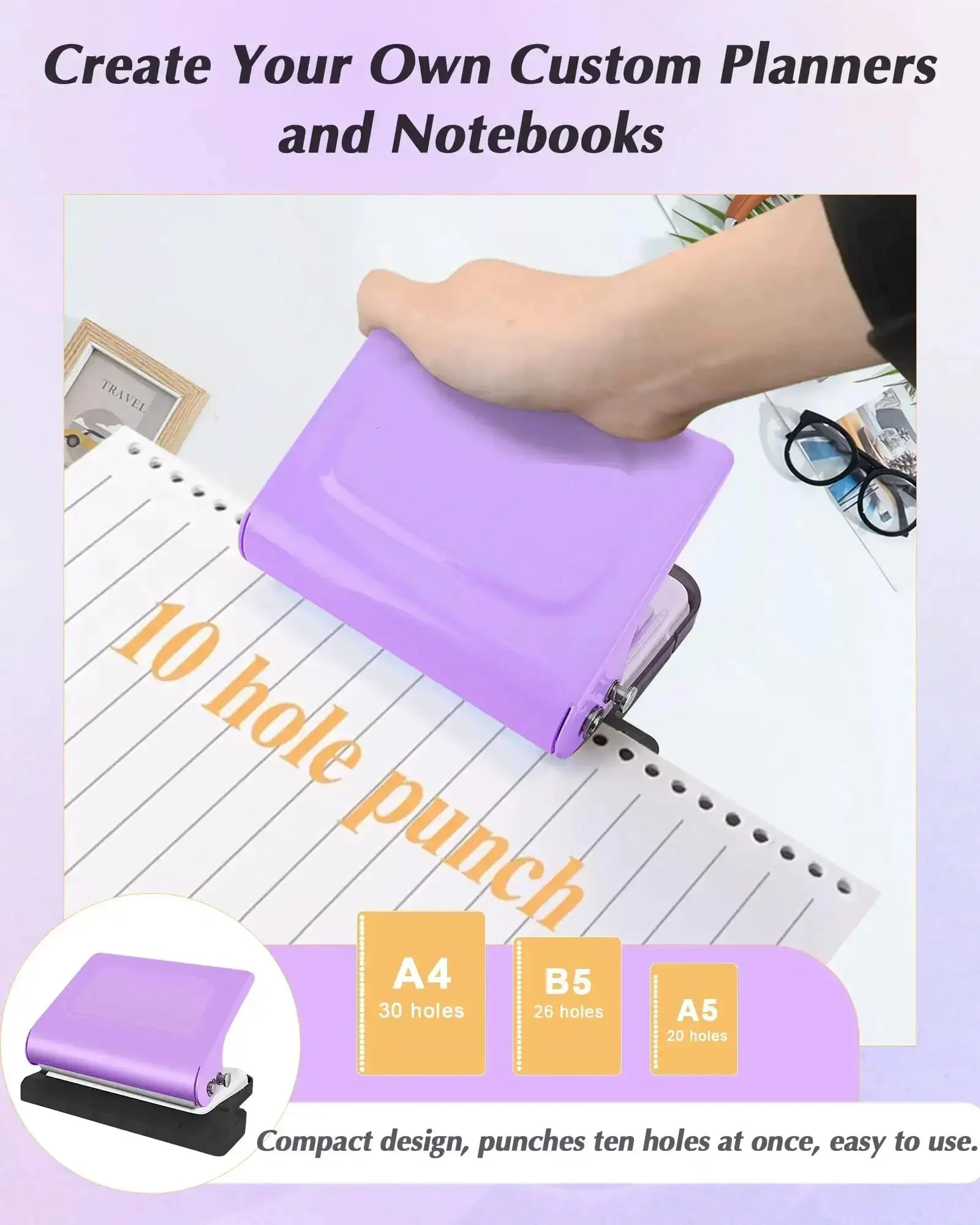 10 Hole Binding Punch For Planners, Metal Manual Puncher For Home Office, Punches Up To 10 Sheets, Works With A4 A5 B5 Paper, Precise 9.5mm Hole Spacing, 5.5mm Hole, Ideal For Binder Rings, Purple - Image 5