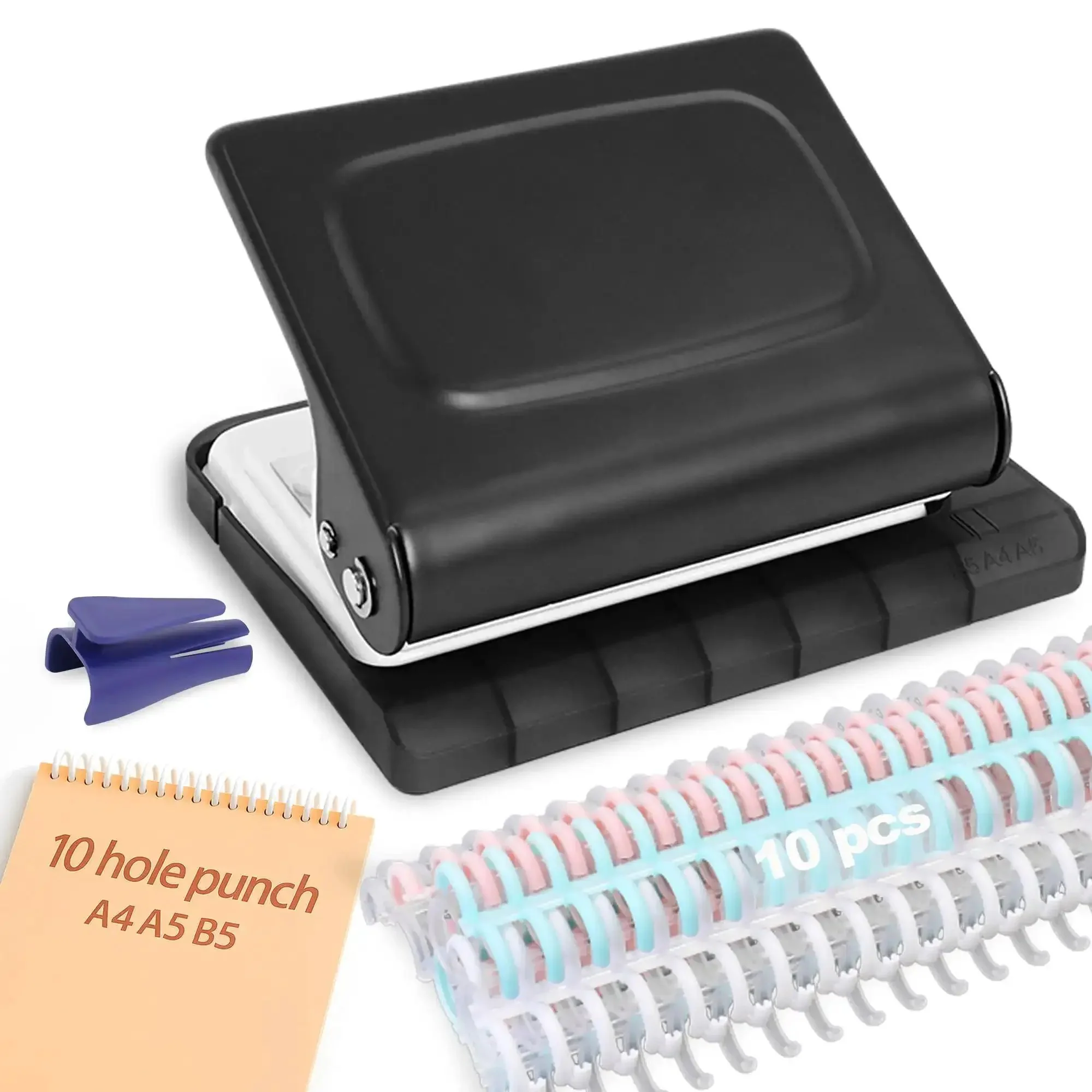 10 Hole Punch Binding Machine For Planners With 10 Color Binder Rings, Punches 30 Holes On A4, 20 Holes On A5, 26 Holes On B5, 10 Sheet Capacity, Black