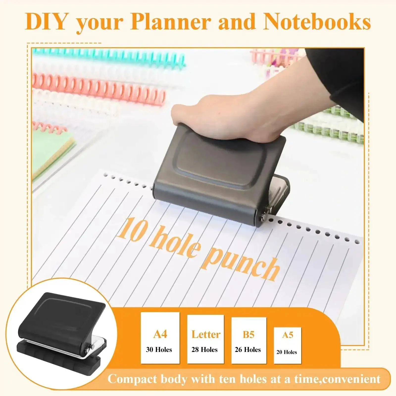 10 Hole Punch Binding Machine For Planners With 10 Color Binder Rings, Punches 30 Holes On A4, 20 Holes On A5, 26 Holes On B5, 10 Sheet Capacity, Black - Image 8