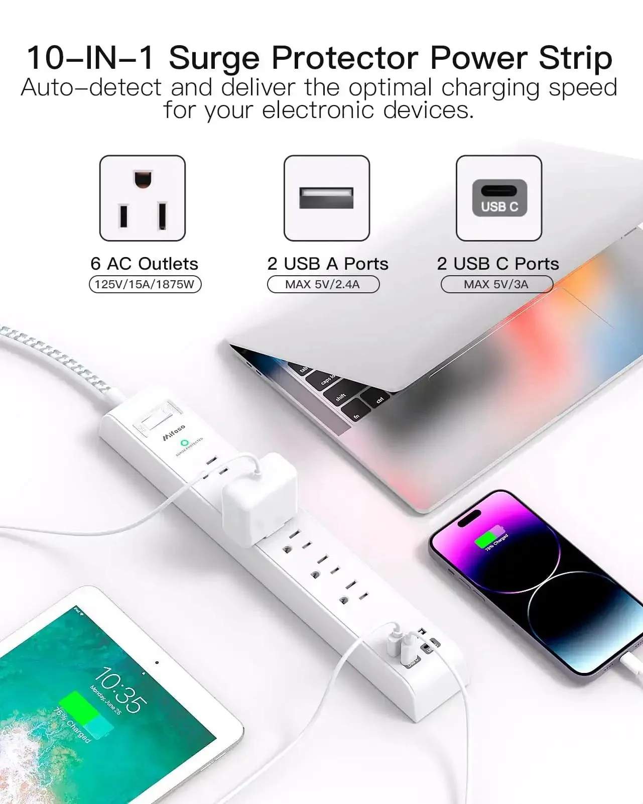 10 In 1 Surge Protector Power Strip With 6 Outlets And 4 USB Ports Fast Charging, 5Ft Braided Extension Cord, Flat Plug, Overload Protection, Wall Mount For Home Office And Dorm Room Essentials - Image 6
