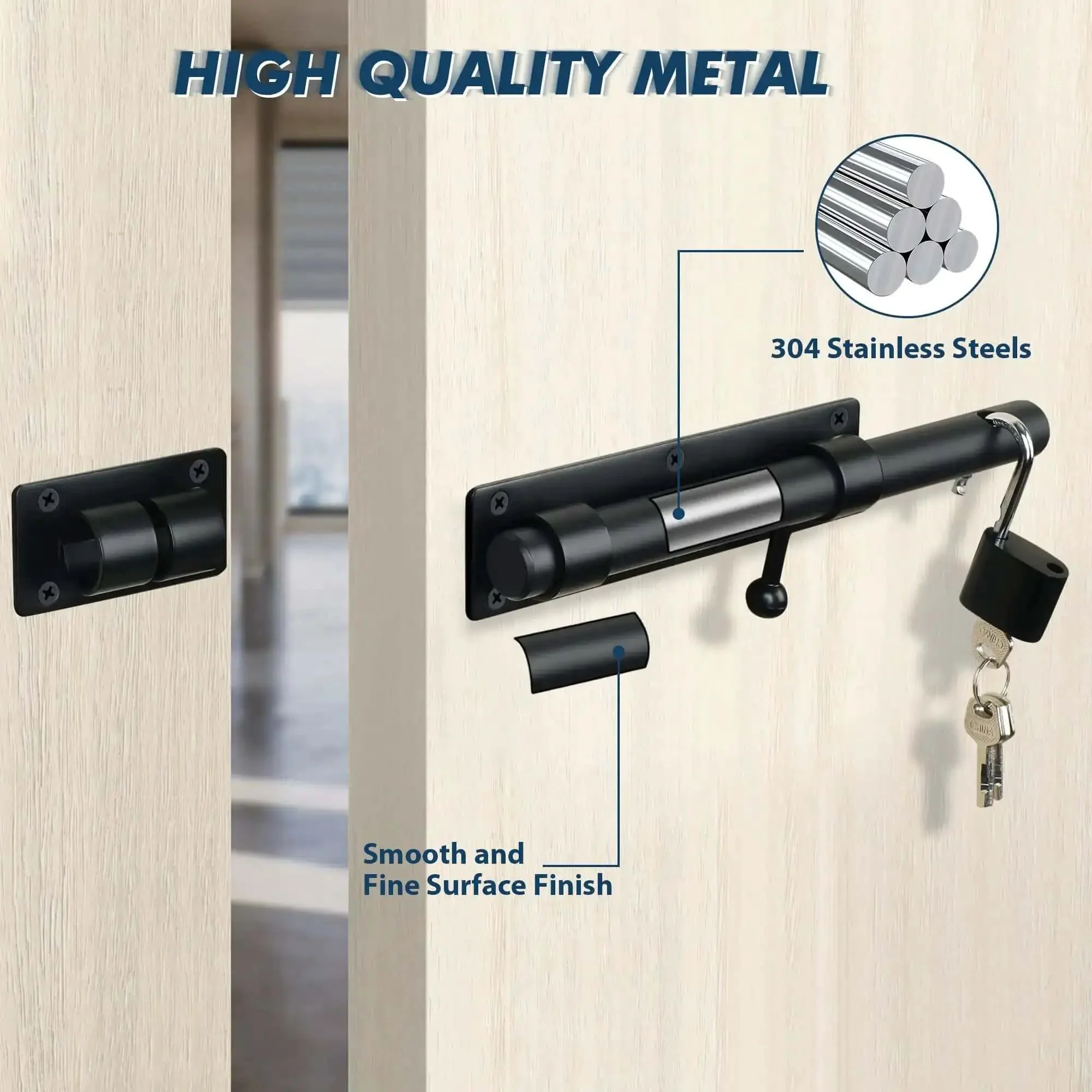 10 Inch Heavy Duty Slide Bolt Latch With SUS304 Stainless Steel Barrel Lock And Matte Black Finish For Wooden Fence Barn Door Outdoor Fence Shed Door Security Gate Lock - Image 5