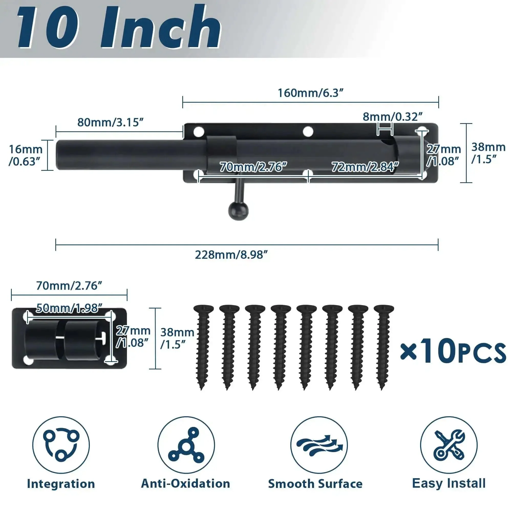 10 Inch Heavy Duty Slide Bolt Latch With SUS304 Stainless Steel Barrel Lock And Matte Black Finish For Wooden Fence Barn Door Outdoor Fence Shed Door Security Gate Lock - Image 7