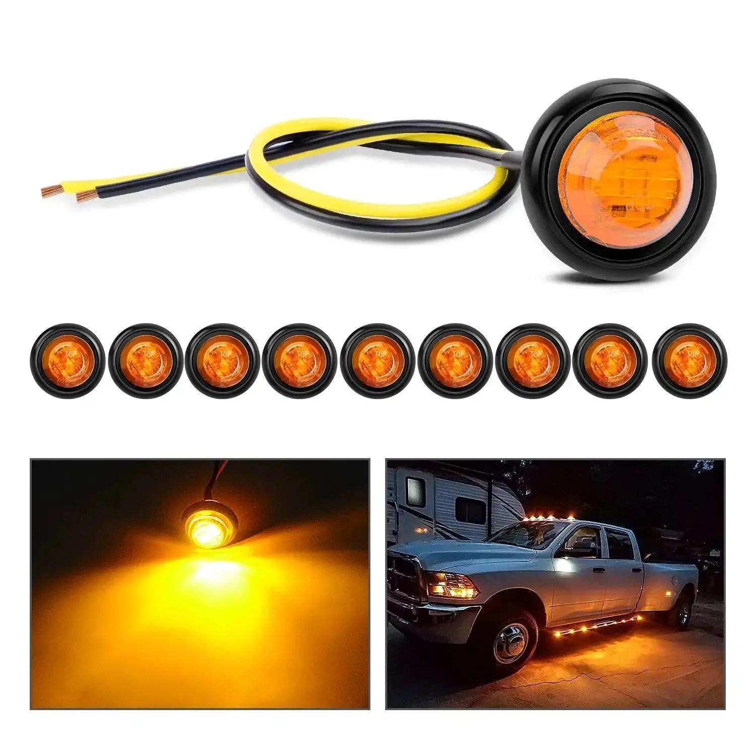10-Pack Compact 3/4 Inch Round Clearance LED Marker Lights Kit For Truck, RV, Car, Bus, Trailer, And Boat Amber 12V With 60 Lumen Output, 100000 Hour Life, Surface Mount Grommet, 2-Wire Design