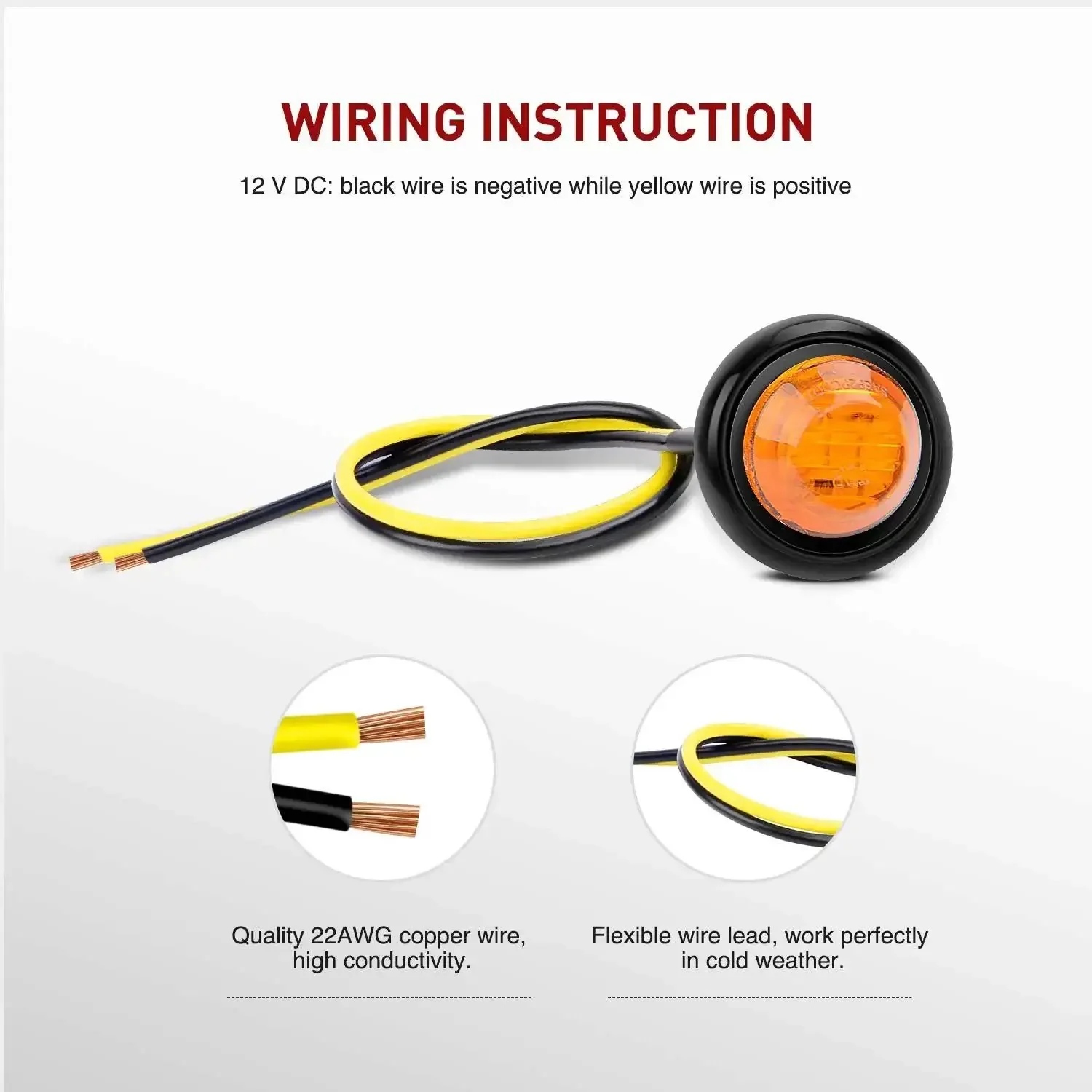 10-Pack Compact 3/4 Inch Round Clearance LED Marker Lights Kit For Truck, RV, Car, Bus, Trailer, And Boat Amber 12V With 60 Lumen Output, 100000 Hour Life, Surface Mount Grommet, 2-Wire Design - Image 4