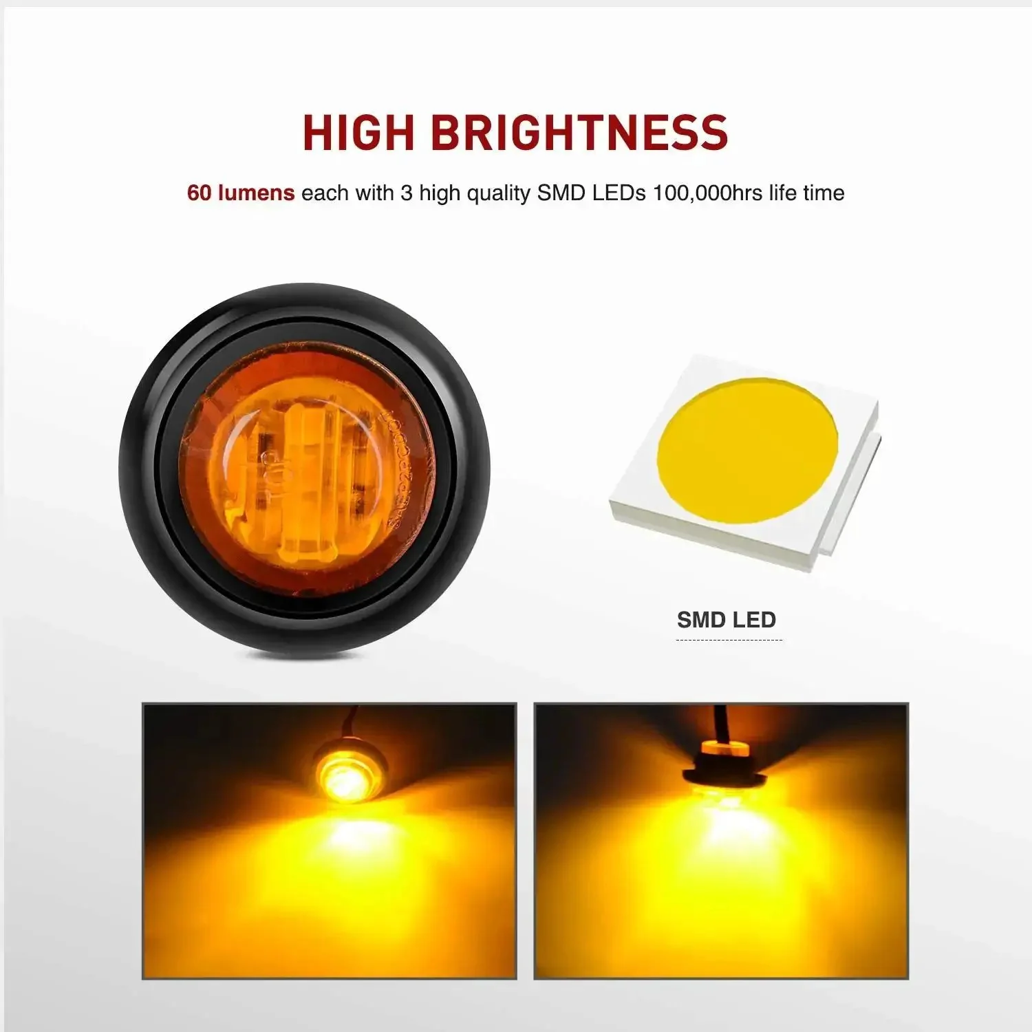 10-Pack Compact 3/4 Inch Round Clearance LED Marker Lights Kit For Truck, RV, Car, Bus, Trailer, And Boat Amber 12V With 60 Lumen Output, 100000 Hour Life, Surface Mount Grommet, 2-Wire Design - Image 5