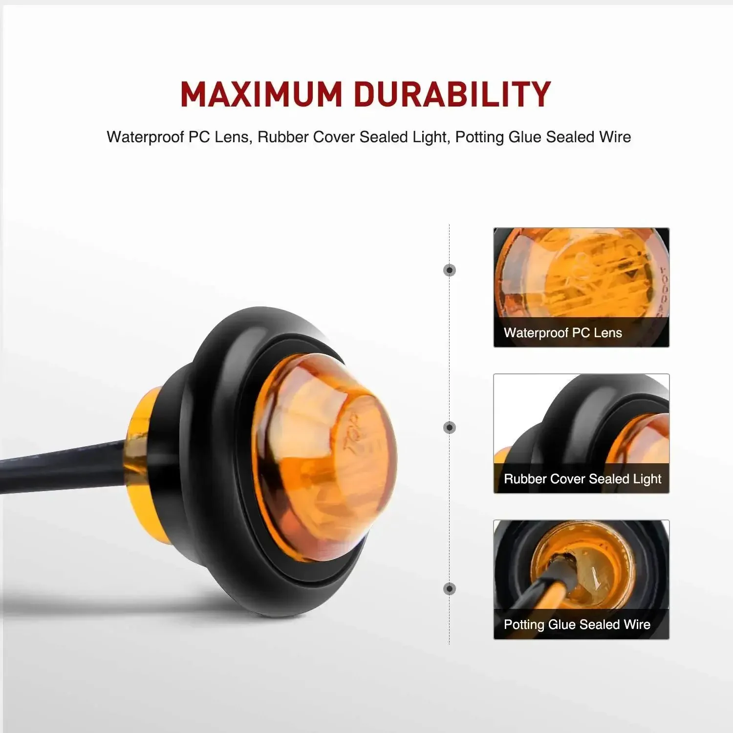 10-Pack Compact 3/4 Inch Round Clearance LED Marker Lights Kit For Truck, RV, Car, Bus, Trailer, And Boat Amber 12V With 60 Lumen Output, 100000 Hour Life, Surface Mount Grommet, 2-Wire Design - Image 6