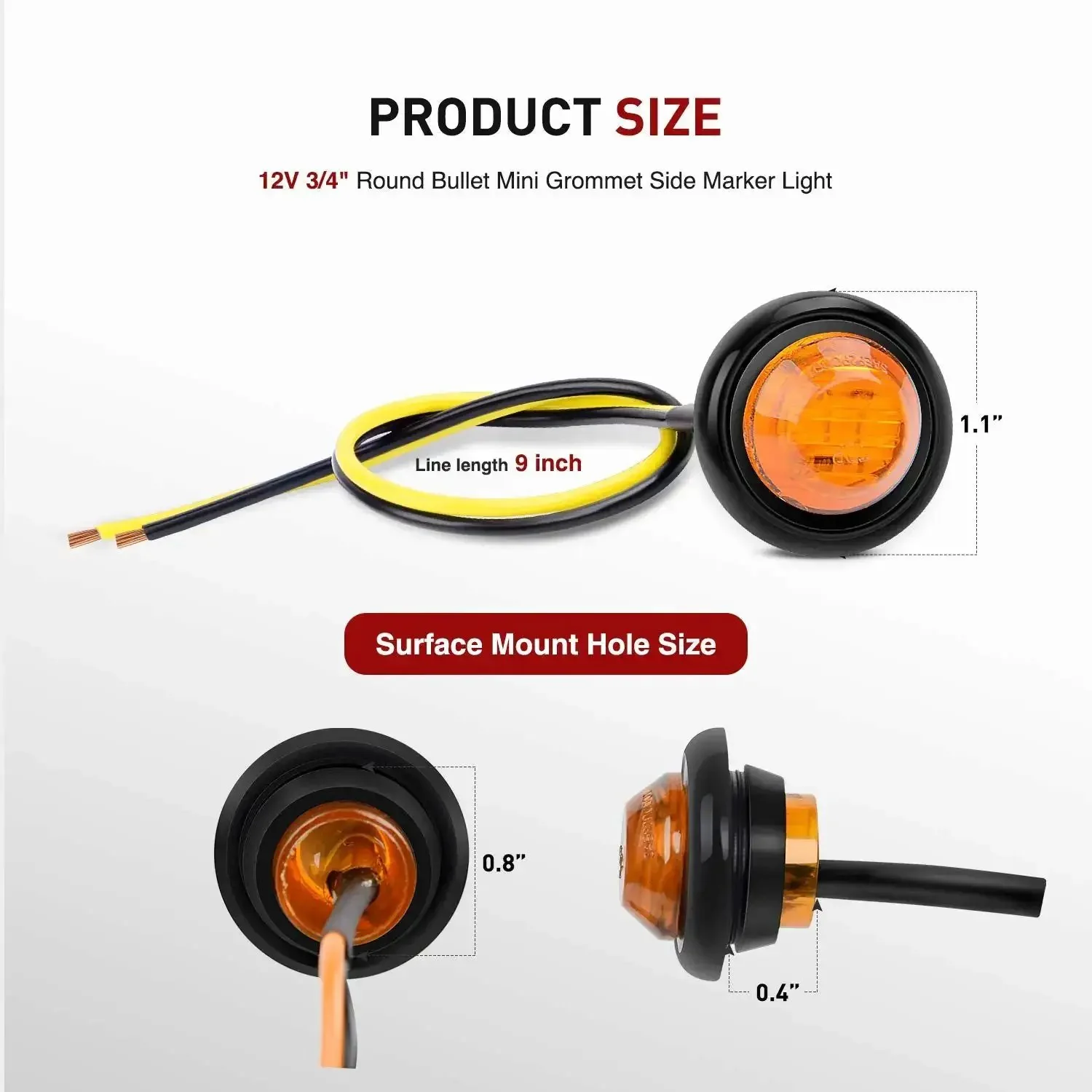 10-Pack Compact 3/4 Inch Round Clearance LED Marker Lights Kit For Truck, RV, Car, Bus, Trailer, And Boat Amber 12V With 60 Lumen Output, 100000 Hour Life, Surface Mount Grommet, 2-Wire Design - Image 7