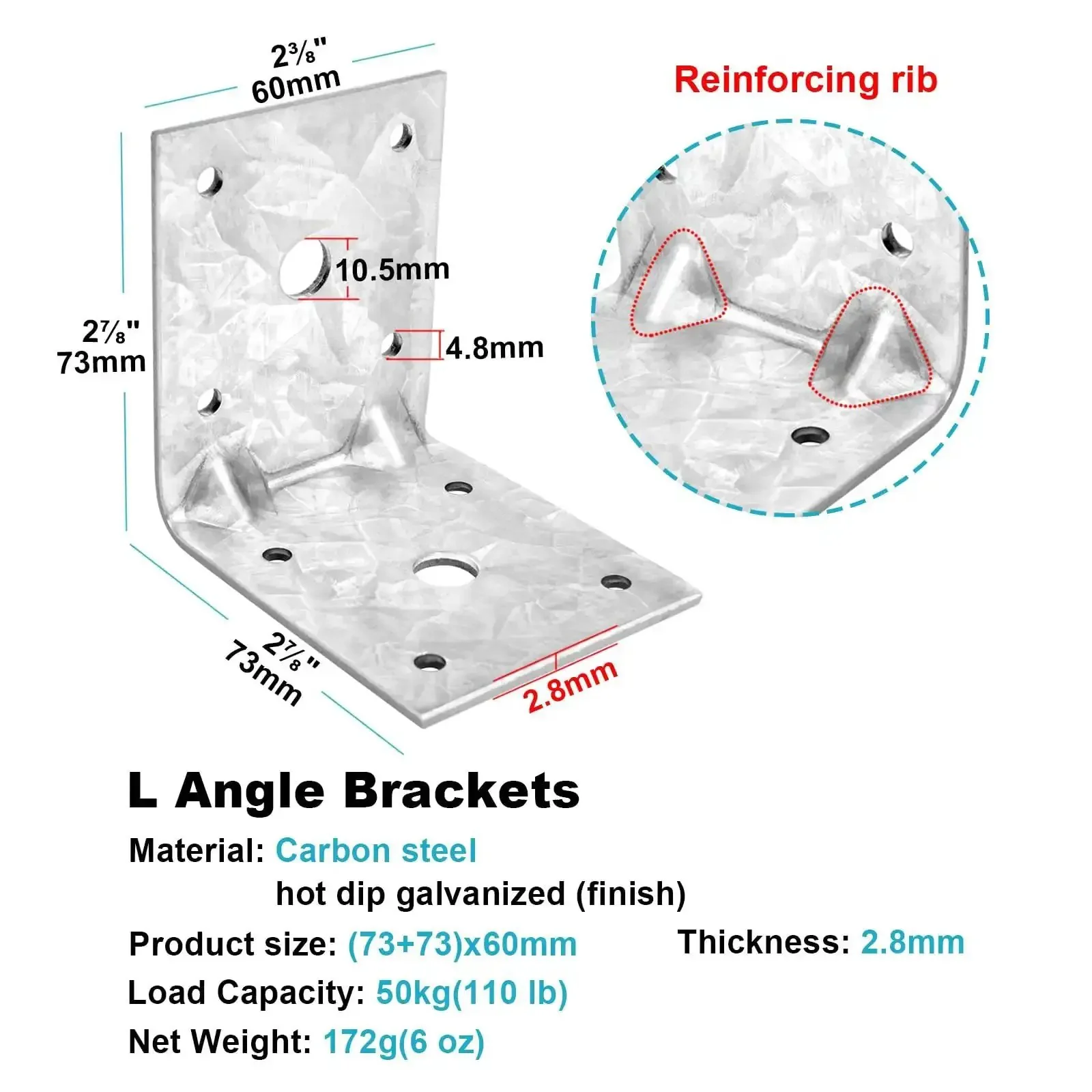 10 Pack L Right Angle Brackets For Wood Built Tough Galvanized Steel Corner Braces, 2-3/8 By 2-7/8 By 2-7/8 Inches, 90 Degree Reinforcing Rib, Heavy Duty Support, Max Load 110 Lb, Hot Dip Galvanized - Image 3