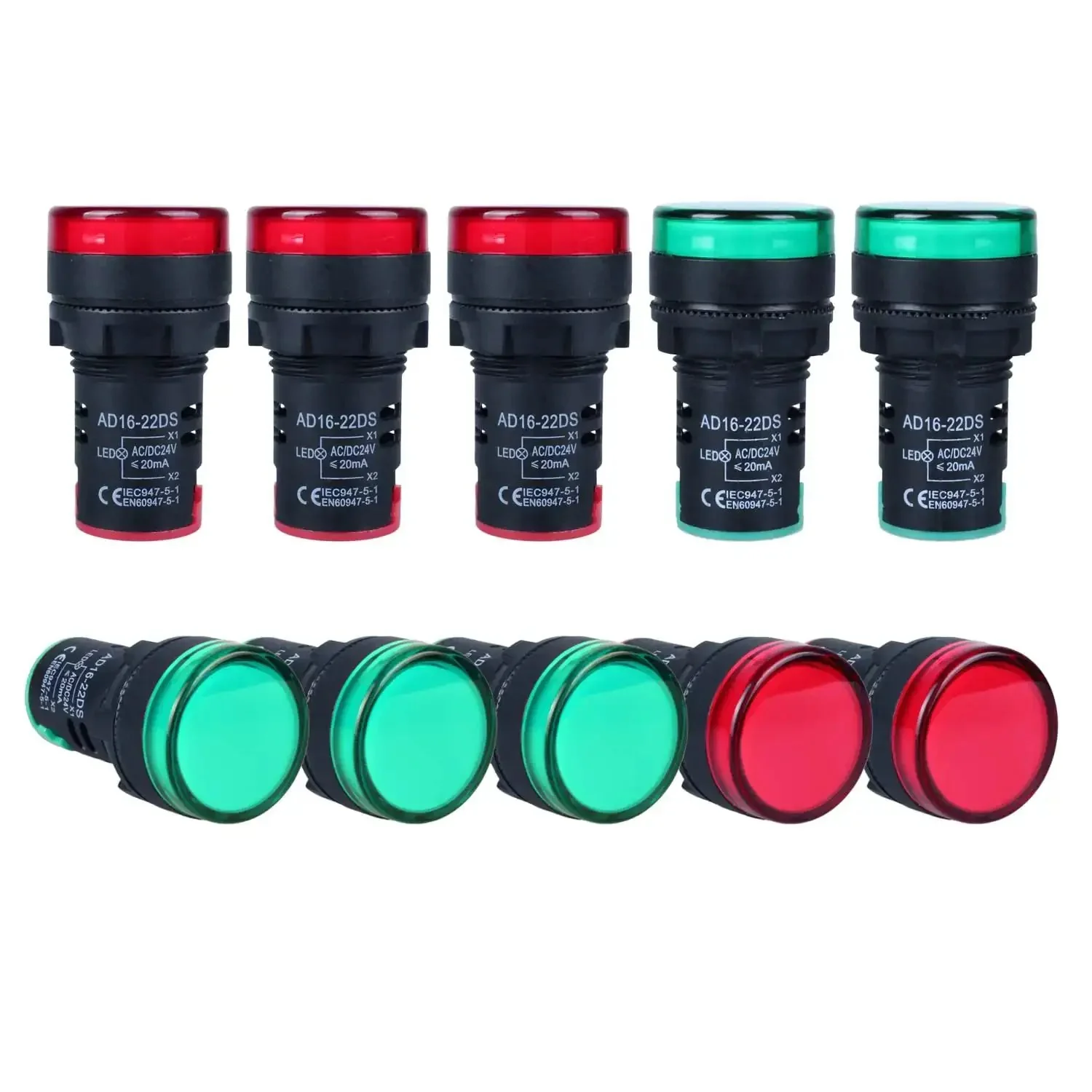 10 Pack LED Indicator Lights 22mm Panel Mount 0.87 Inch Hole 24V AC DC 20mA Energy Saving Green Red Set Ultra Bright with 100000 Hour Life Ideal for Industrial Panels and Equipment