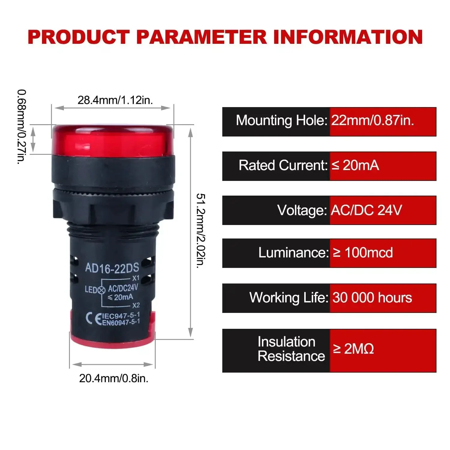10 Pack LED Indicator Lights 22mm Panel Mount 0.87 Inch Hole 24V AC DC 20mA Energy Saving Green Red Set Ultra Bright with 100000 Hour Life Ideal for Industrial Panels and Equipment - Image 7