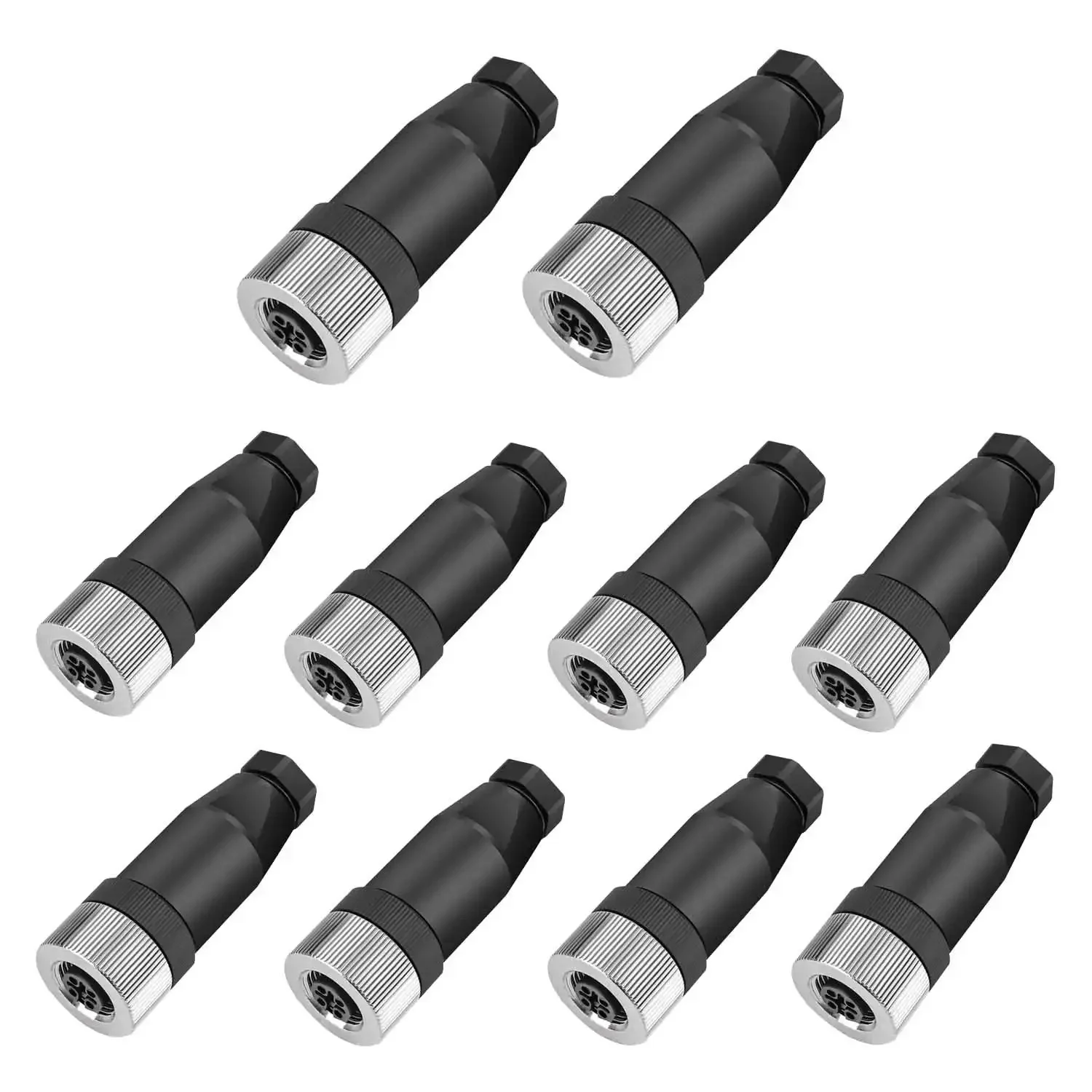 10 Pack M12 4 Pin Aviation Connector Female A Code IP67 Waterproof Field Assembly Plug 12mm Circular Socket for Panel Sensor, Field Wireable, Straight, Unshielded, Screw Connection, Industrial Grade