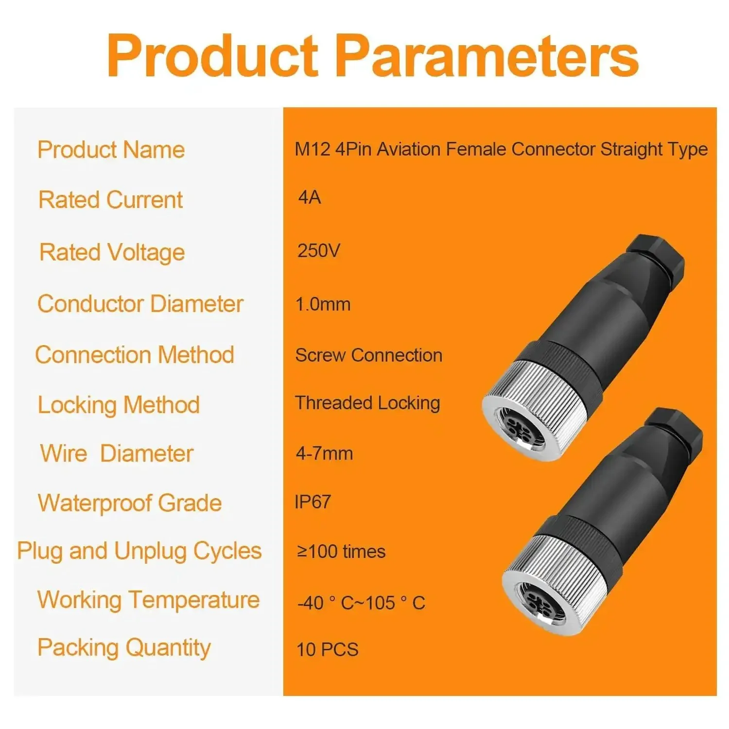 10 Pack M12 4 Pin Aviation Connector Female A Code IP67 Waterproof Field Assembly Plug 12mm Circular Socket for Panel Sensor, Field Wireable, Straight, Unshielded, Screw Connection, Industrial Grade - Image 3