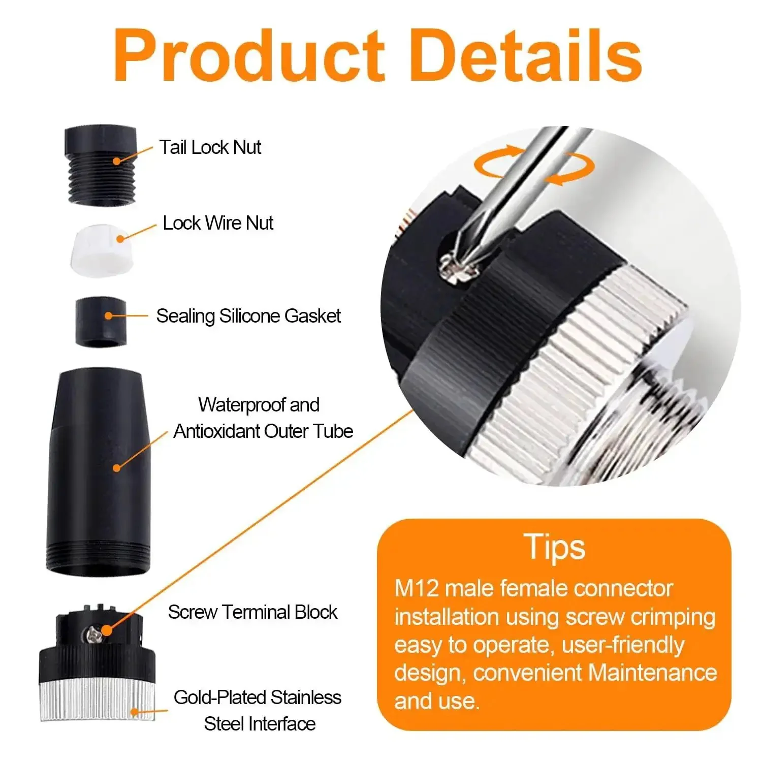 10 Pack M12 4 Pin Aviation Connector Female A Code IP67 Waterproof Field Assembly Plug 12mm Circular Socket for Panel Sensor, Field Wireable, Straight, Unshielded, Screw Connection, Industrial Grade - Image 5