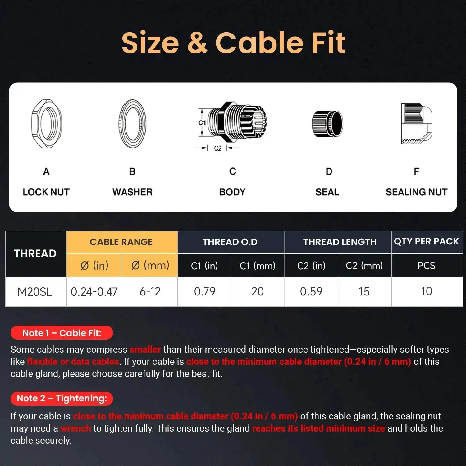 10 Pack M20SL Long Thread Cable Gland Waterproof IP68 Nylon Strain Relief Cord Grip Pass Through Wire Connector Built Tough For Enclosures And Junction Boxes Heavy Duty Industrial Grade - Image 5
