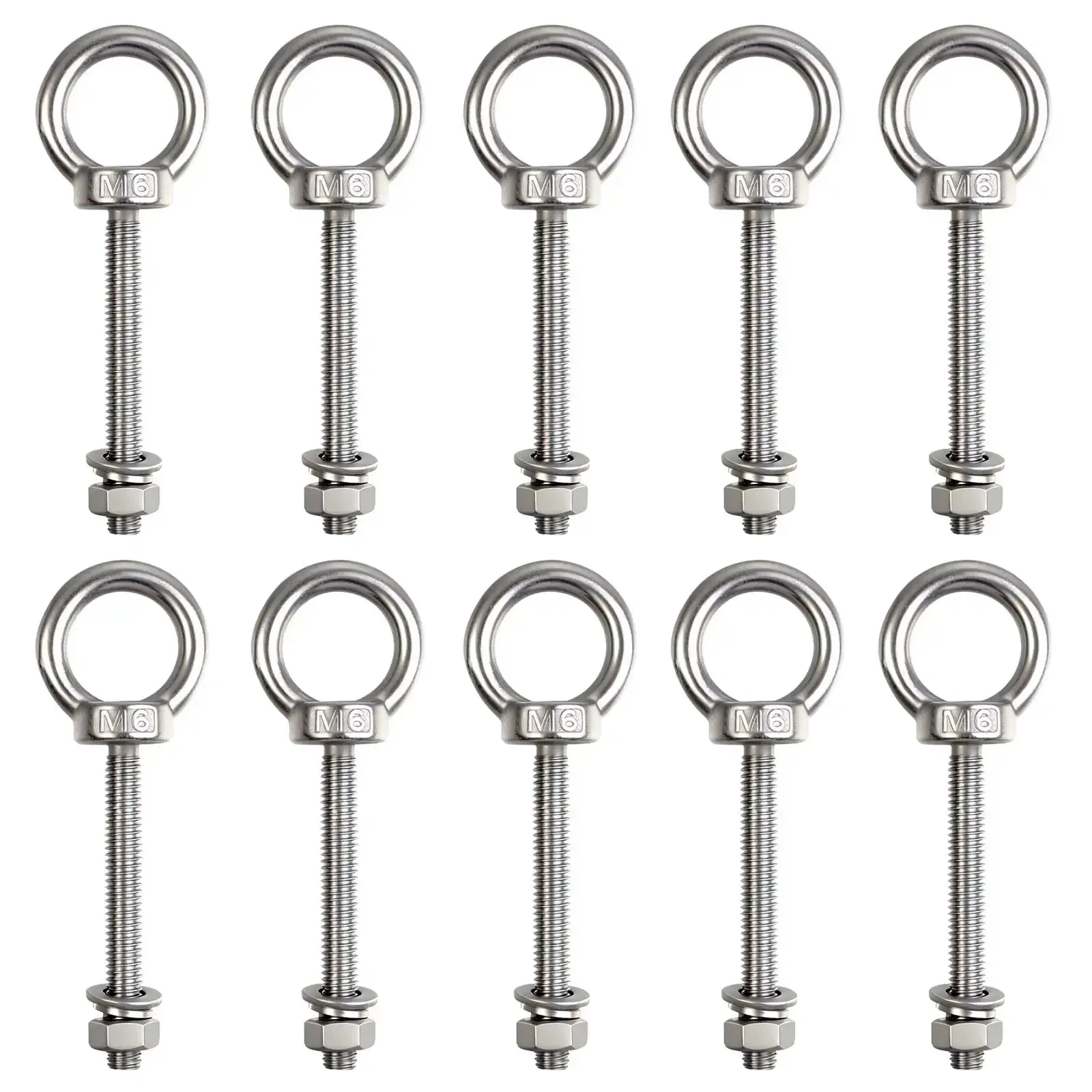 10 Pack M6 x 50mm Eyebolts With Nuts And Washers, Stainless Steel Marine Grade Shoulder Eye Bolts For DIY Projects, Furniture, Swings, And Outdoor Use, All Weather Rust Resistant Hardware