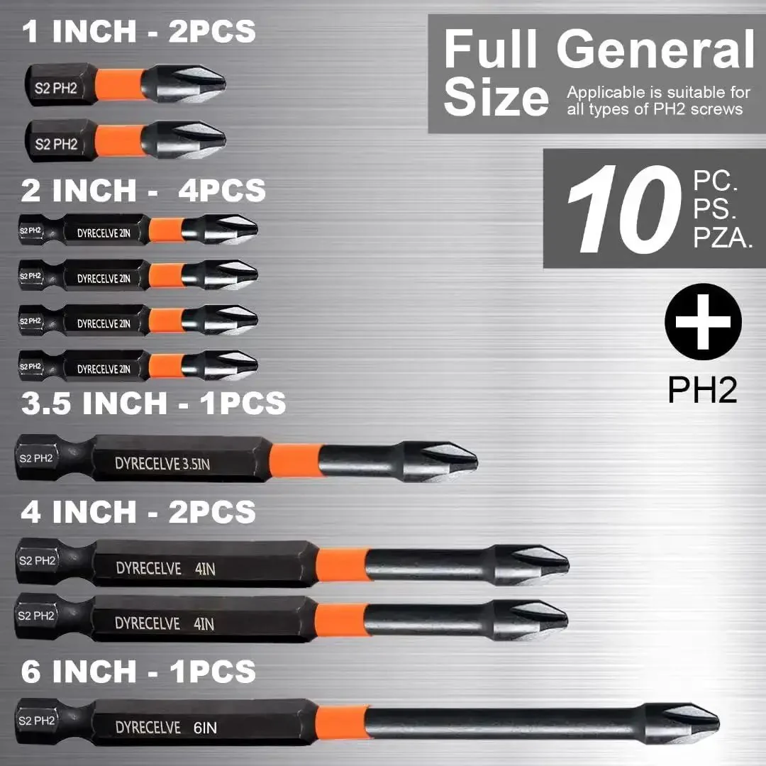 10 Pack Magnetic Phillips Bit Set PH2 Impact Magnetic Bits For Drill And Screwdriver One Inch To Six Inch Long Premium S2 Steel Quarter Inch Hex Shank For Impact Drivers Perfect For Pros And DIYers - Image 7