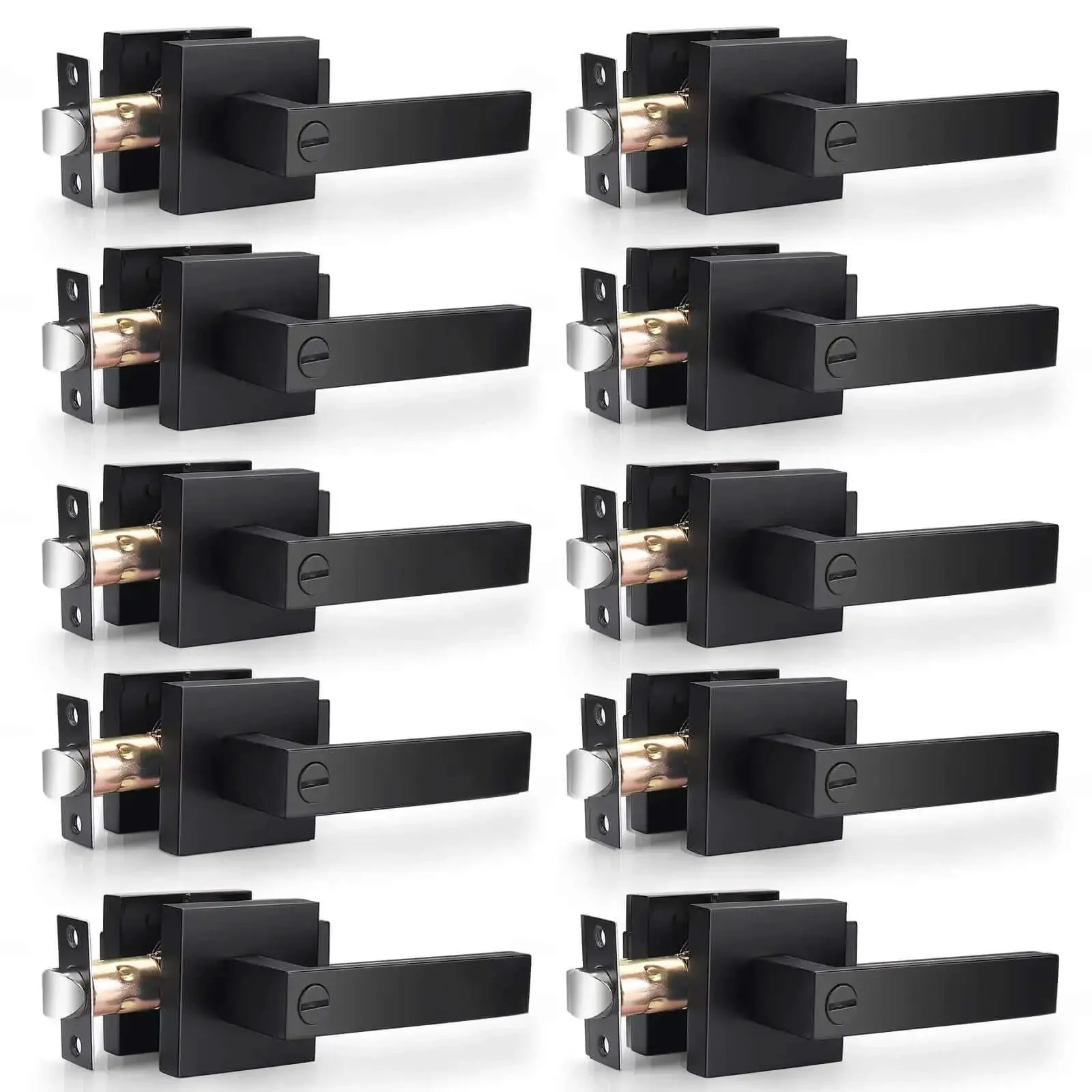 10 Pack Matte Black Privacy Door Levers With Square Rosette, Heavy Duty Bed And Bath Door Locks, Reversible Flat Levers, Keyless Inside Privacy, ANSI Grade 3, With 200,000 Plus Cycles