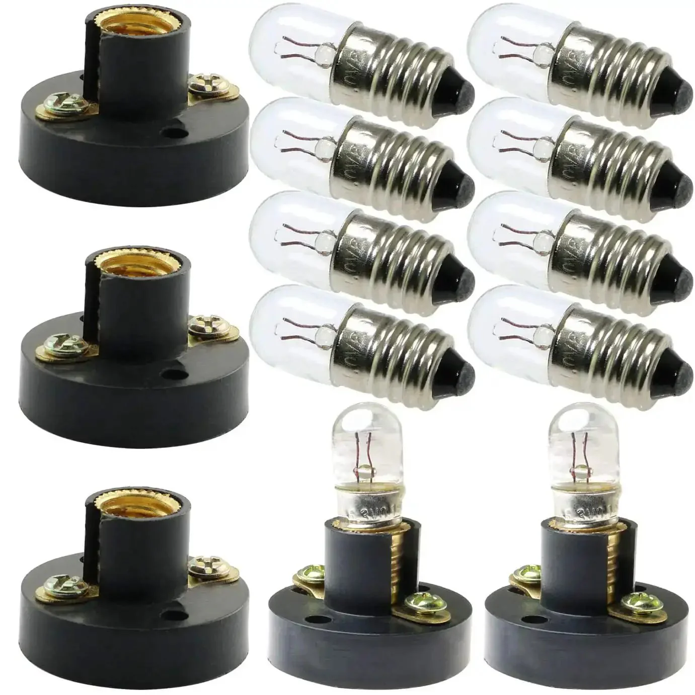 10 Pack Mini Screw Bulbs 6.3V Plus 5 E10 Mini Bulb Holders Black Plastic Brass Sockets Dope DIY Lighting Kit For Student Experiments Durable Reliable Screw Type Bulb Socket Assembly