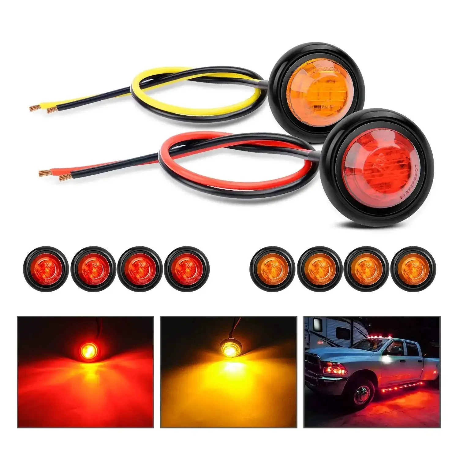 10 Pack Three Quarter Inch Round Mini Led Clearance Lights For Trucks RVs Rigs Buses Trailers Vans Caravans And Boats 12V Red And Amber With Rubber Grommet Surface Mount 60 Lumen Front Rear Side Marker Indicator Kit