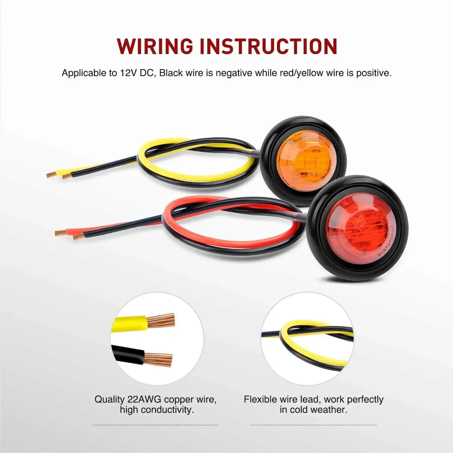 10 Pack Three Quarter Inch Round Mini Led Clearance Lights For Trucks RVs Rigs Buses Trailers Vans Caravans And Boats 12V Red And Amber With Rubber Grommet Surface Mount 60 Lumen Front Rear Side Marker Indicator Kit - Image 3