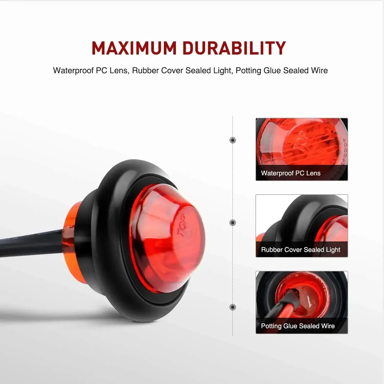 10 Pack Three Quarter Inch Round Mini Led Clearance Lights For Trucks RVs Rigs Buses Trailers Vans Caravans And Boats 12V Red And Amber With Rubber Grommet Surface Mount 60 Lumen Front Rear Side Marker Indicator Kit - Image 6
