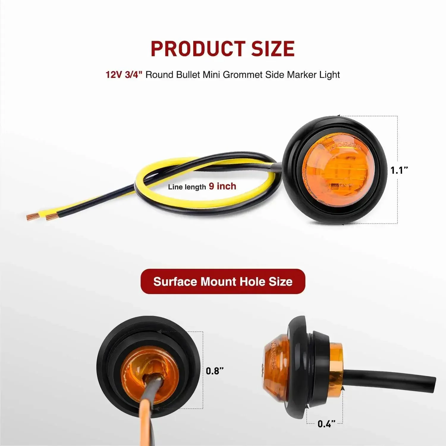 10 Pack Three Quarter Inch Round Mini Led Clearance Lights For Trucks RVs Rigs Buses Trailers Vans Caravans And Boats 12V Red And Amber With Rubber Grommet Surface Mount 60 Lumen Front Rear Side Marker Indicator Kit - Image 7