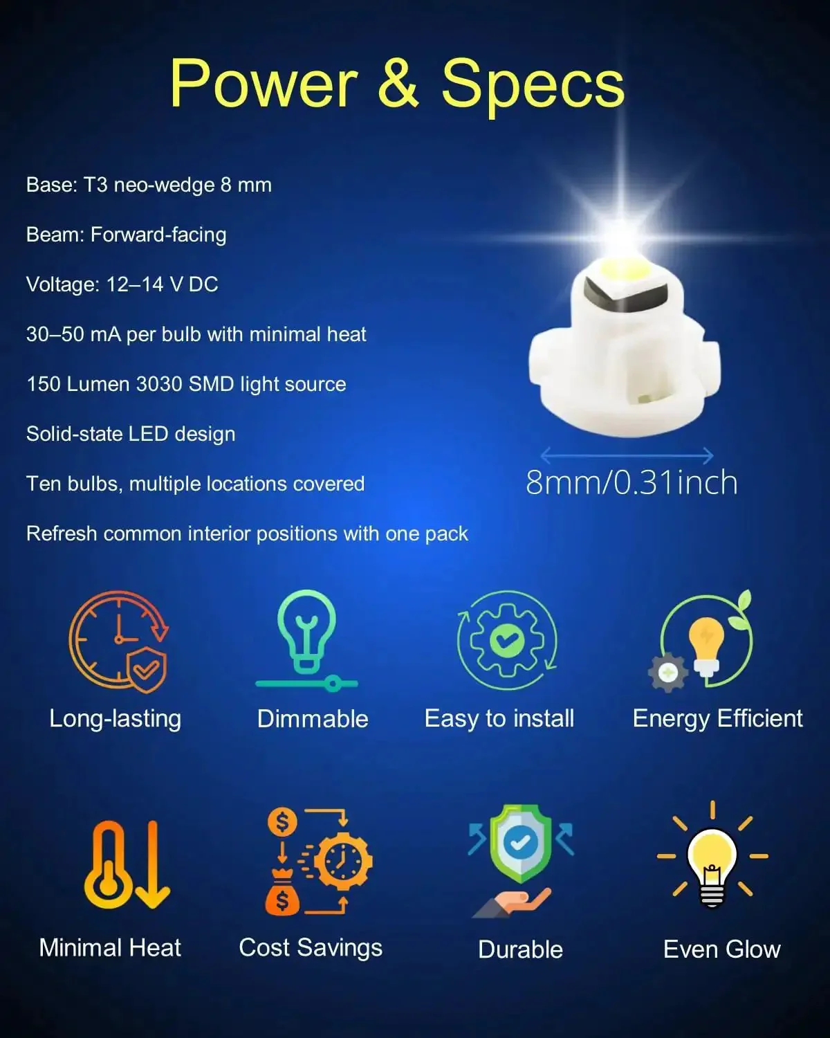 10 Pack Ultra Bright Ice Blue T3 Neo Wedge LED Bulbs With 8mm Base For Car Dash Instrument Cluster Lights 3030 SMD Chip Replacement Lamps For Check Engine, Transmission, Seat Belt, Turn Signal, And Ignition Indicators - Image 6