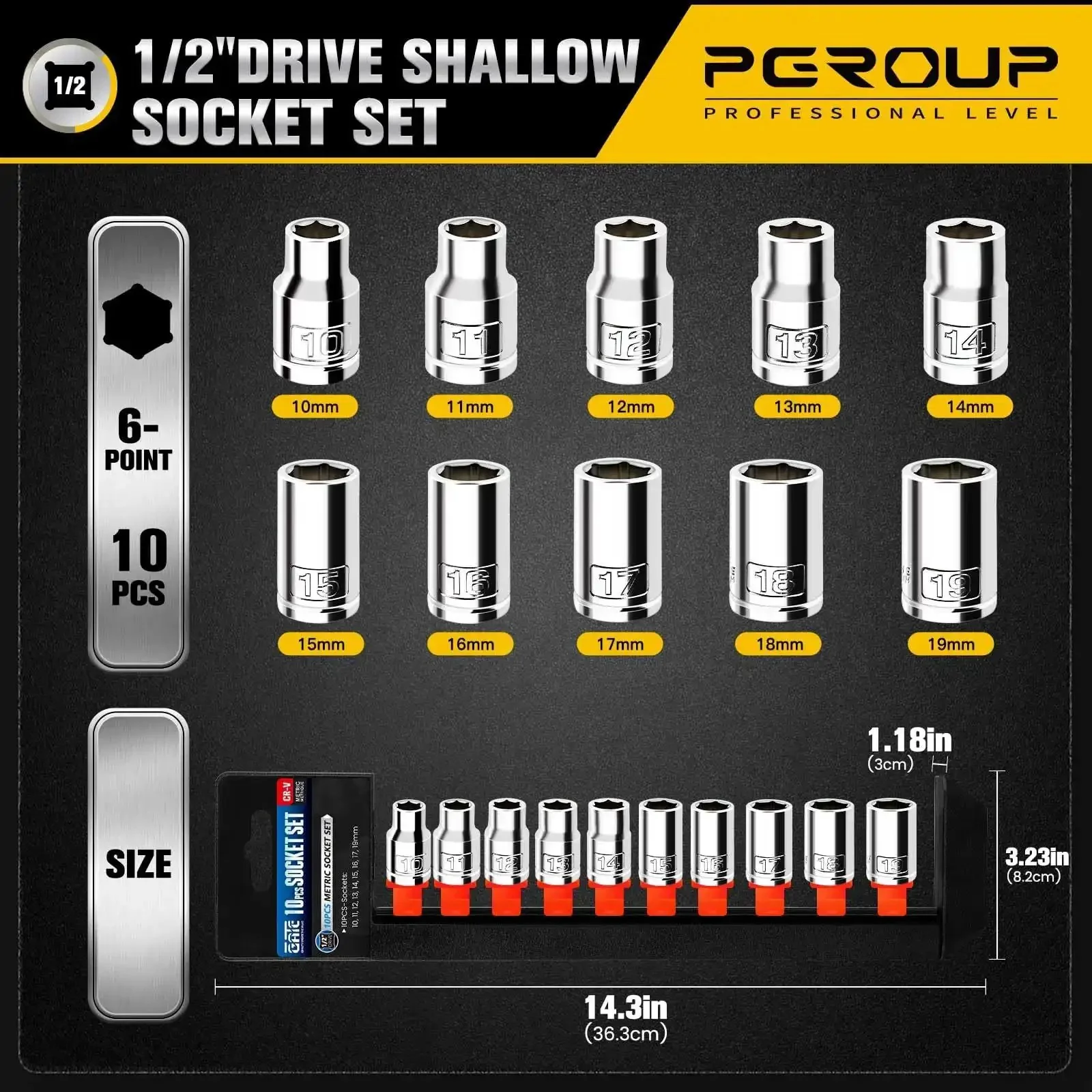 10 Piece 1/2 Inch Drive Shallow Socket Set Metric 10mm Through 19mm, 6 Point Cr-V Steel, Chrome Plated, With Handy Hanging Bracket And Socket Rack, Covers The Most Common Sizes For Cars And Home Projects - Image 7