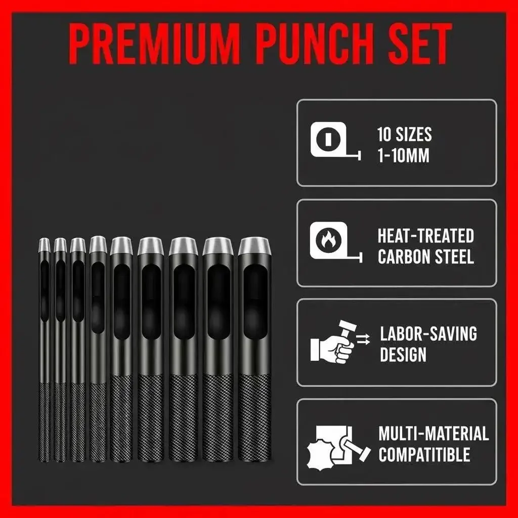 10 Piece Round Hole Punch Set For Leather Craft Pro Grade Steel Hollow Punches 1mm To 10mm For Belts Watch Bands Gaskets Durable Carbon Steel Energy Saving Design - Image 3