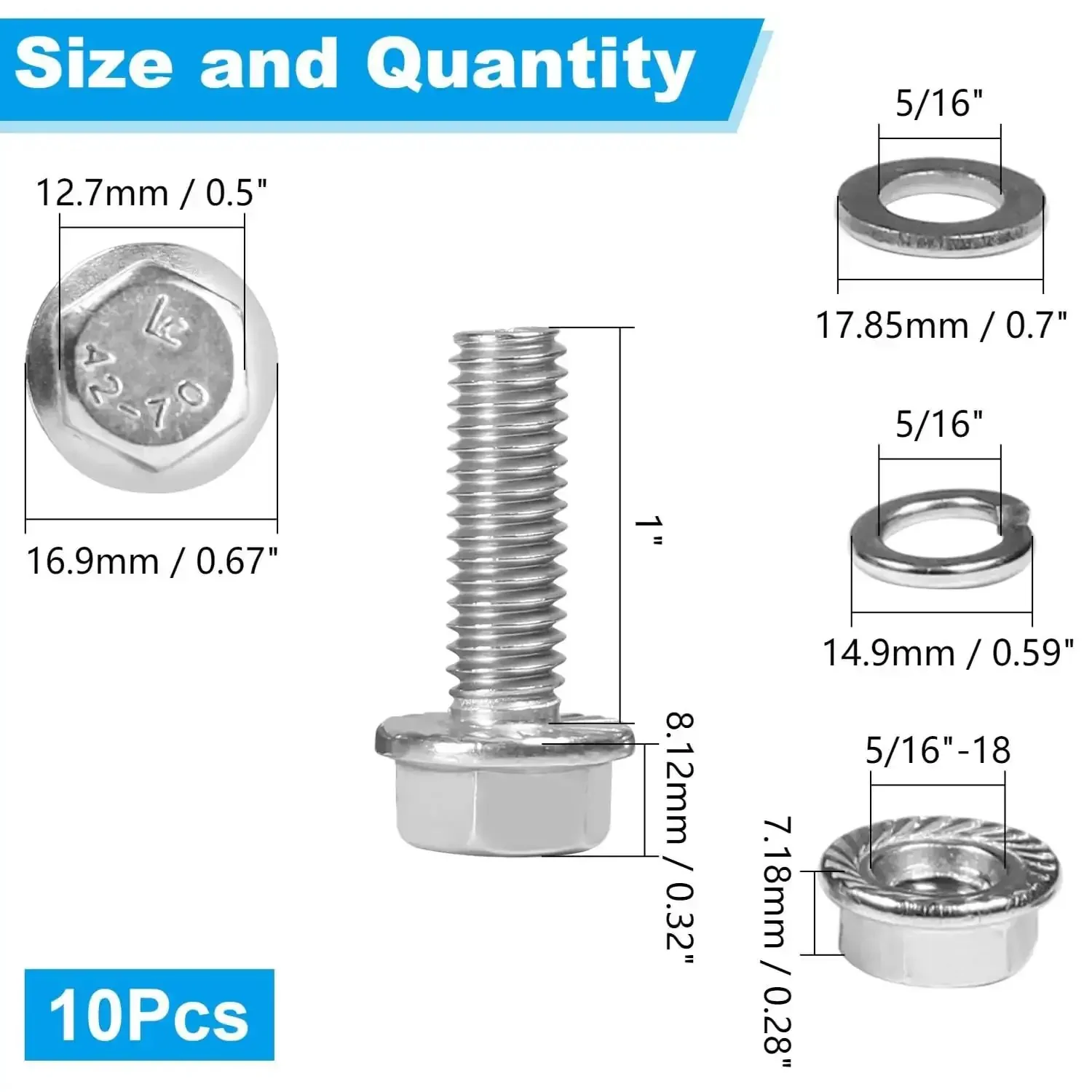 10 Sets 5/16-18 By 1 Inch Flanged Hex Bolts Kit With 5/16-18 Nuts Flat Washers And Spring Lock Washers In 304 Stainless Steel 18-8 Fully Threaded Beefy Workhorse Kit DIY Friendly - Image 7