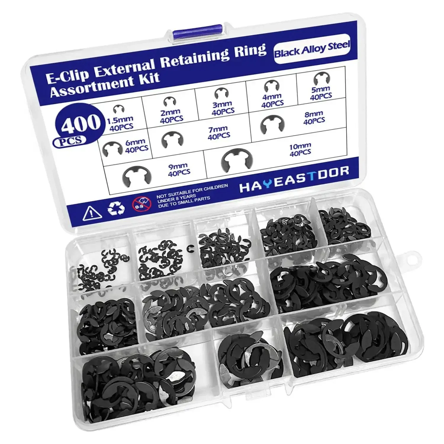 10 Size E Clips Assortment Kit With 400 Pieces External Retaining Rings Circlips 1.5mm To 10mm Black Alloy Steel In Heavy Duty Plastic Box For Automotive Machinery And Home DIY Projects - Image 2