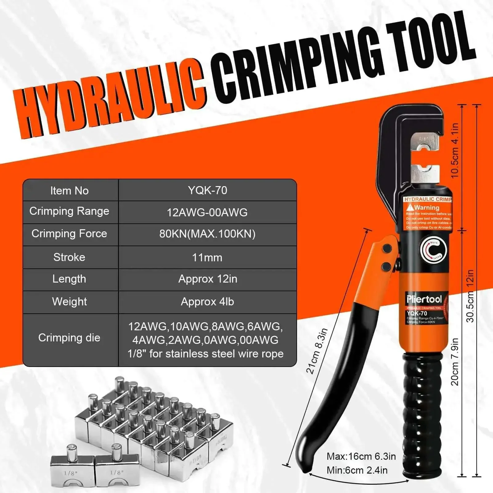 10 Ton Hydraulic Battery Cable Crimper With 9 Dies And Dual Blade Weir Cutter, Spring Loaded Handle Crimp Tool For 12 AWG Up To 2/0 AWG And One Eighth Inch Stainless Steel Railing, One Hand Operation - Image 8
