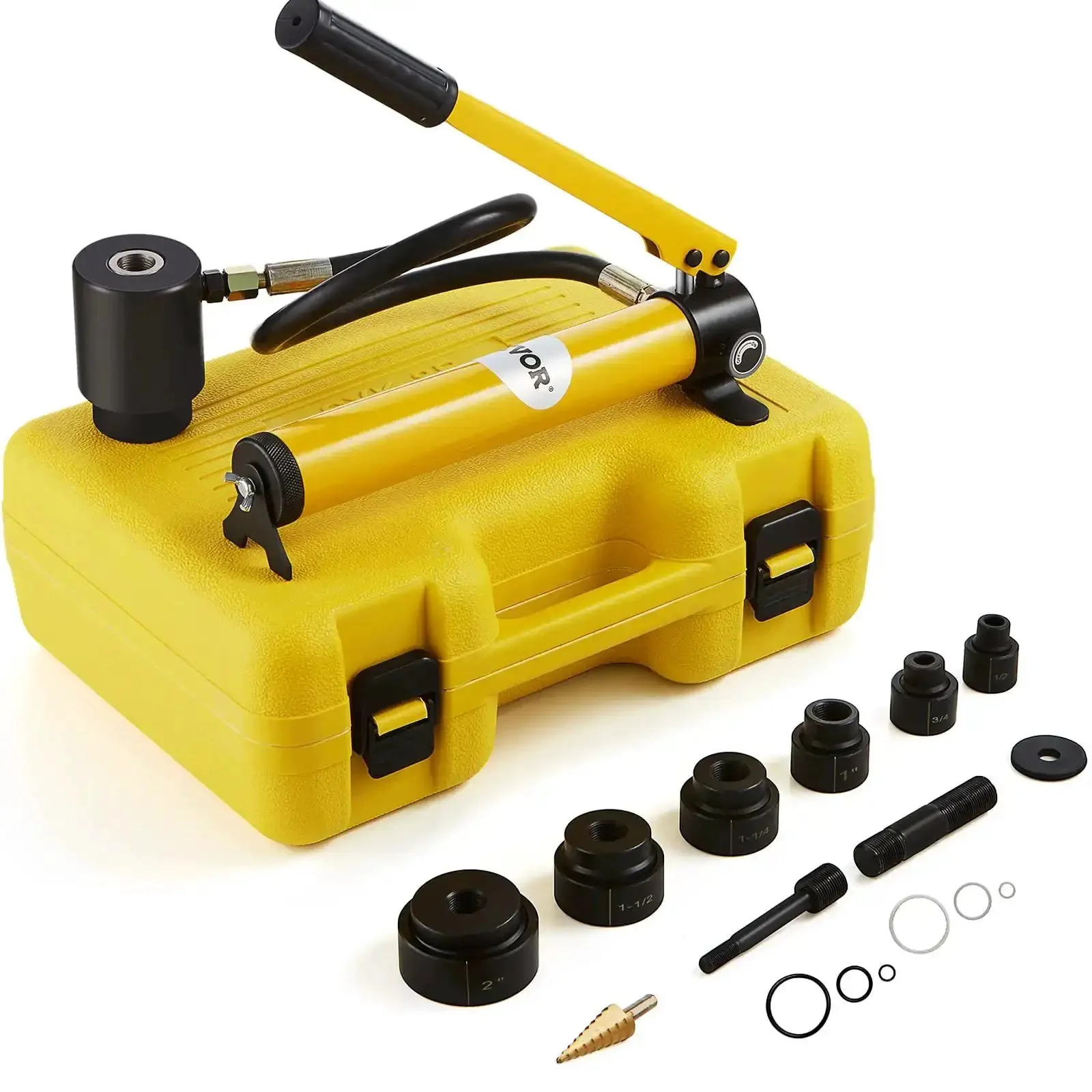 10 Ton Hydraulic Knockout Punch Kit With Half Inch To Two Inch Conduit Die Set Puncher Six Dies Step Drill Bit Carrying Case Draw Studs And Accessories For Aluminum Brass Stainless Steel Fiberglass And Plastic