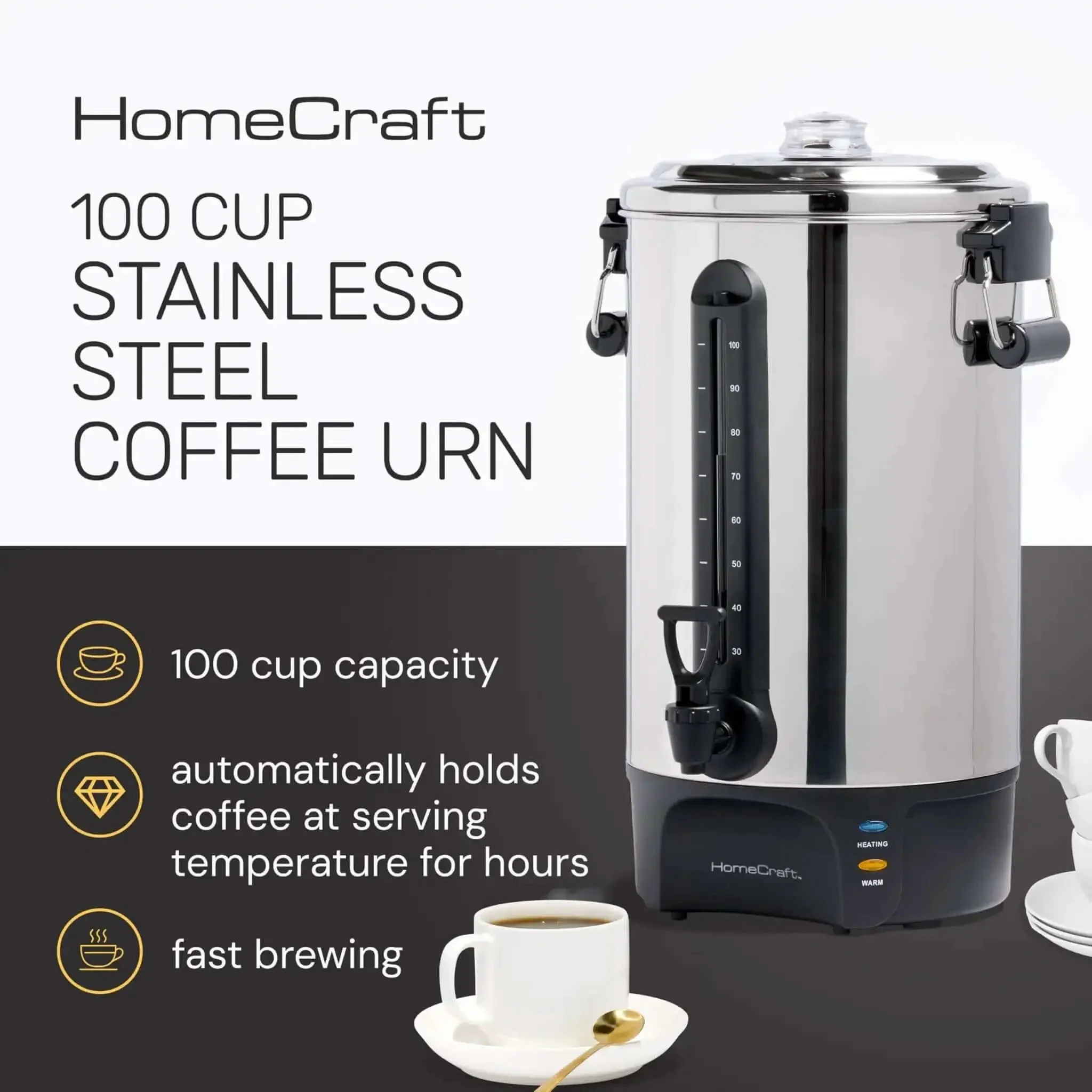 100 Cup Coffee Urn And Hot Beverage Dispenser With Dripless Faucet, Quick Brew For Big Batches, Stainless Steel Warmer For Parties, Banquets, Church Events And Gatherings - Image 9