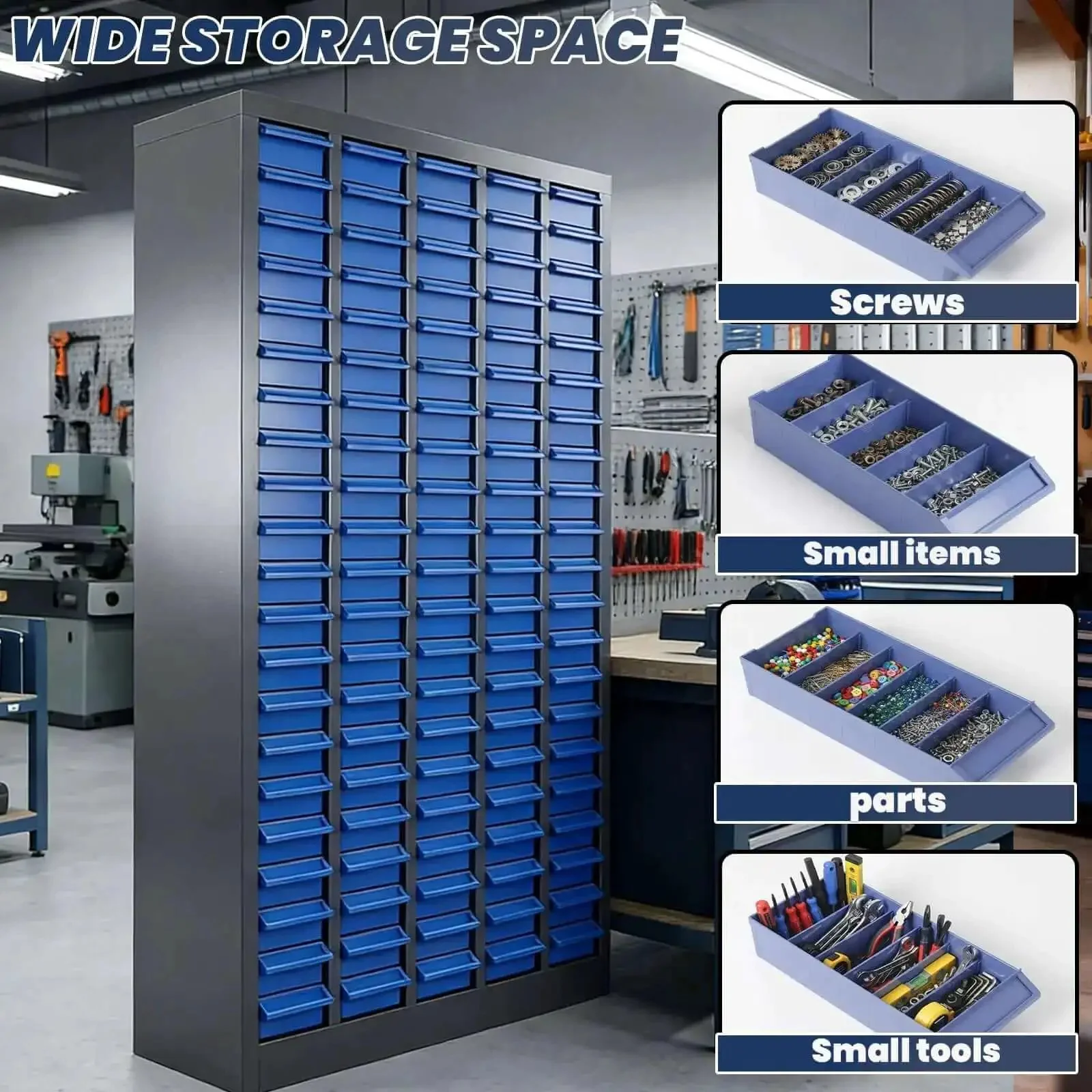 100-Drawer Nut And Bolt Organizer With Stainless Steel Frame, ABS Bins, Shelves And Labels, Heavy Duty Hardware Storage Cabinet For Workshop Or Garage, 21 Inch Deep, 8.6 Inch Wide, 24.8 Inch High For Office Supplies - Image 3