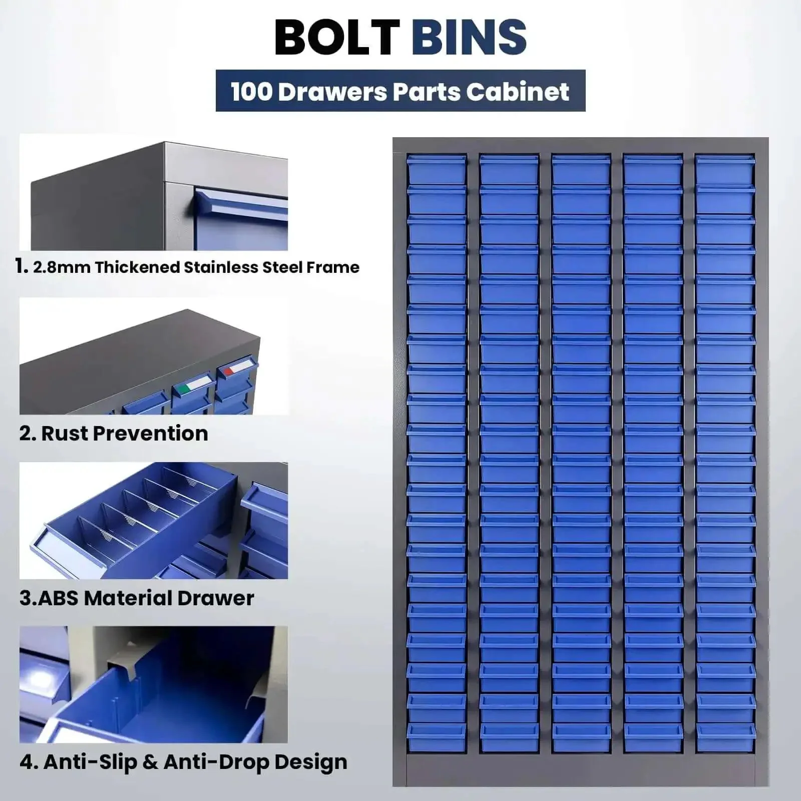100-Drawer Nut And Bolt Organizer With Stainless Steel Frame, ABS Bins, Shelves And Labels, Heavy Duty Hardware Storage Cabinet For Workshop Or Garage, 21 Inch Deep, 8.6 Inch Wide, 24.8 Inch High For Office Supplies - Image 6