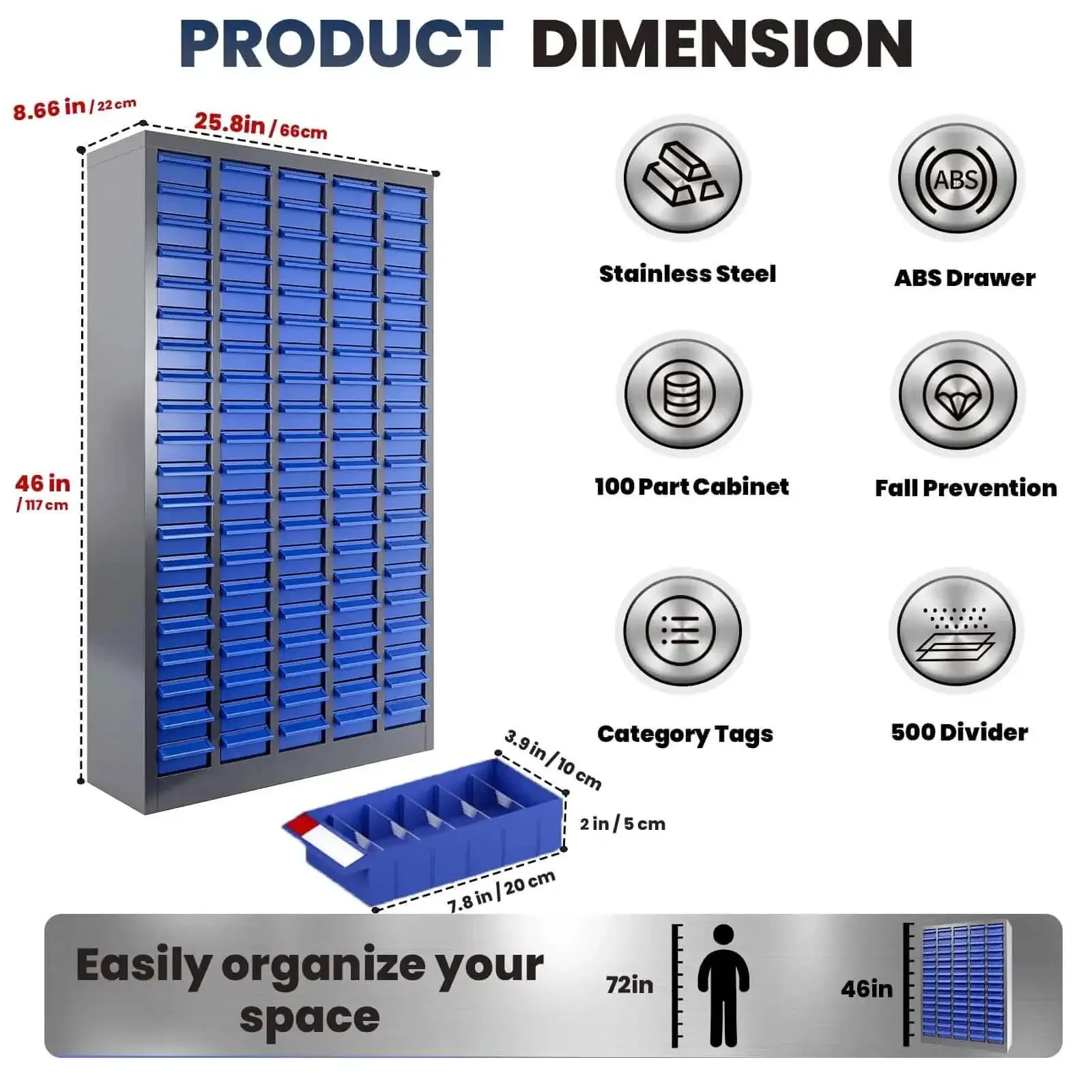 100-Drawer Nut And Bolt Organizer With Stainless Steel Frame, ABS Bins, Shelves And Labels, Heavy Duty Hardware Storage Cabinet For Workshop Or Garage, 21 Inch Deep, 8.6 Inch Wide, 24.8 Inch High For Office Supplies - Image 8