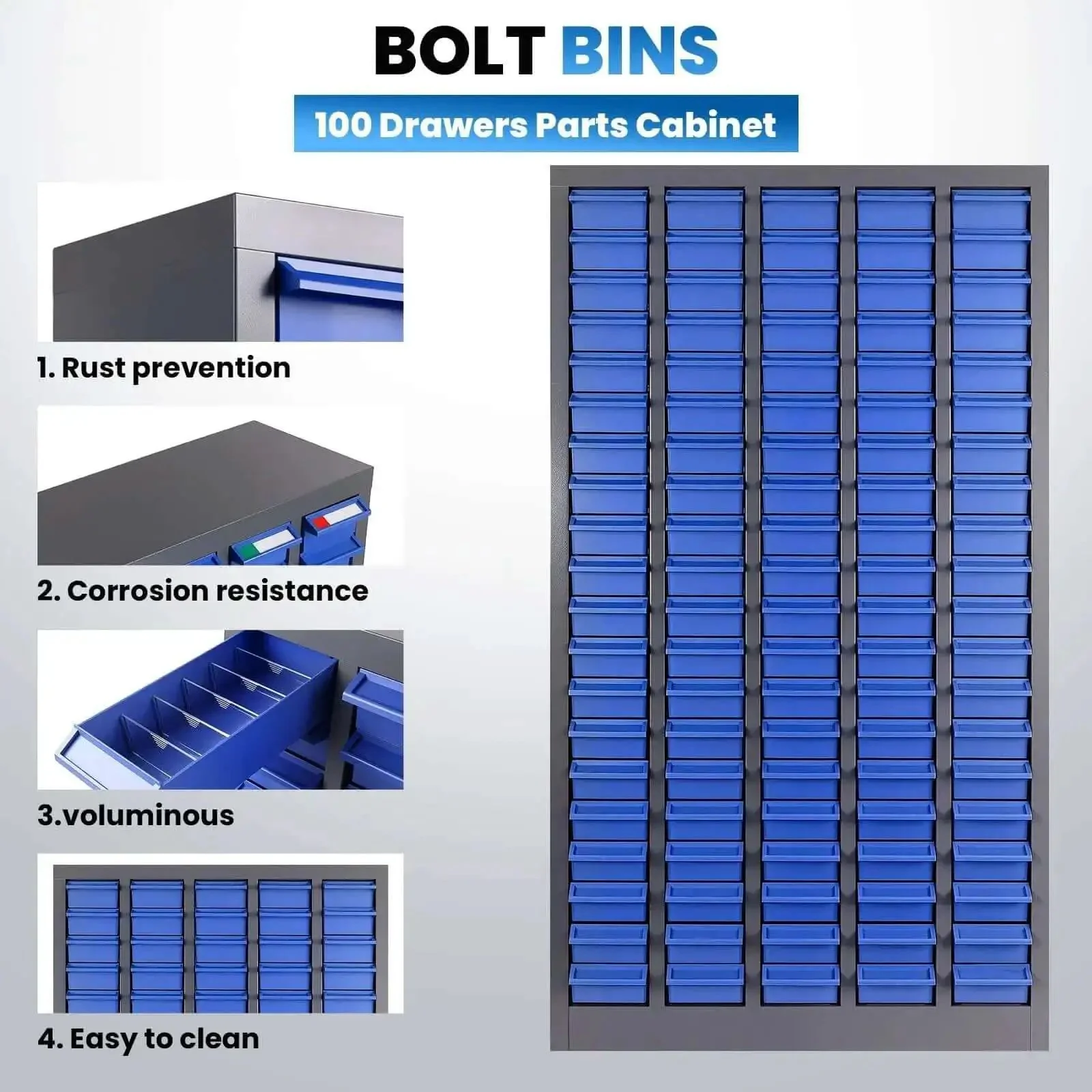 100 Drawer Parts Cabinet For Tools And Hardware Organization With Alloy Steel Frame And ABS Drawers In Silver And Blue Finish Includes Label Stickers Heavy Duty Garage Shop Storage For Nuts Bolts Electronics And Office - Image 3